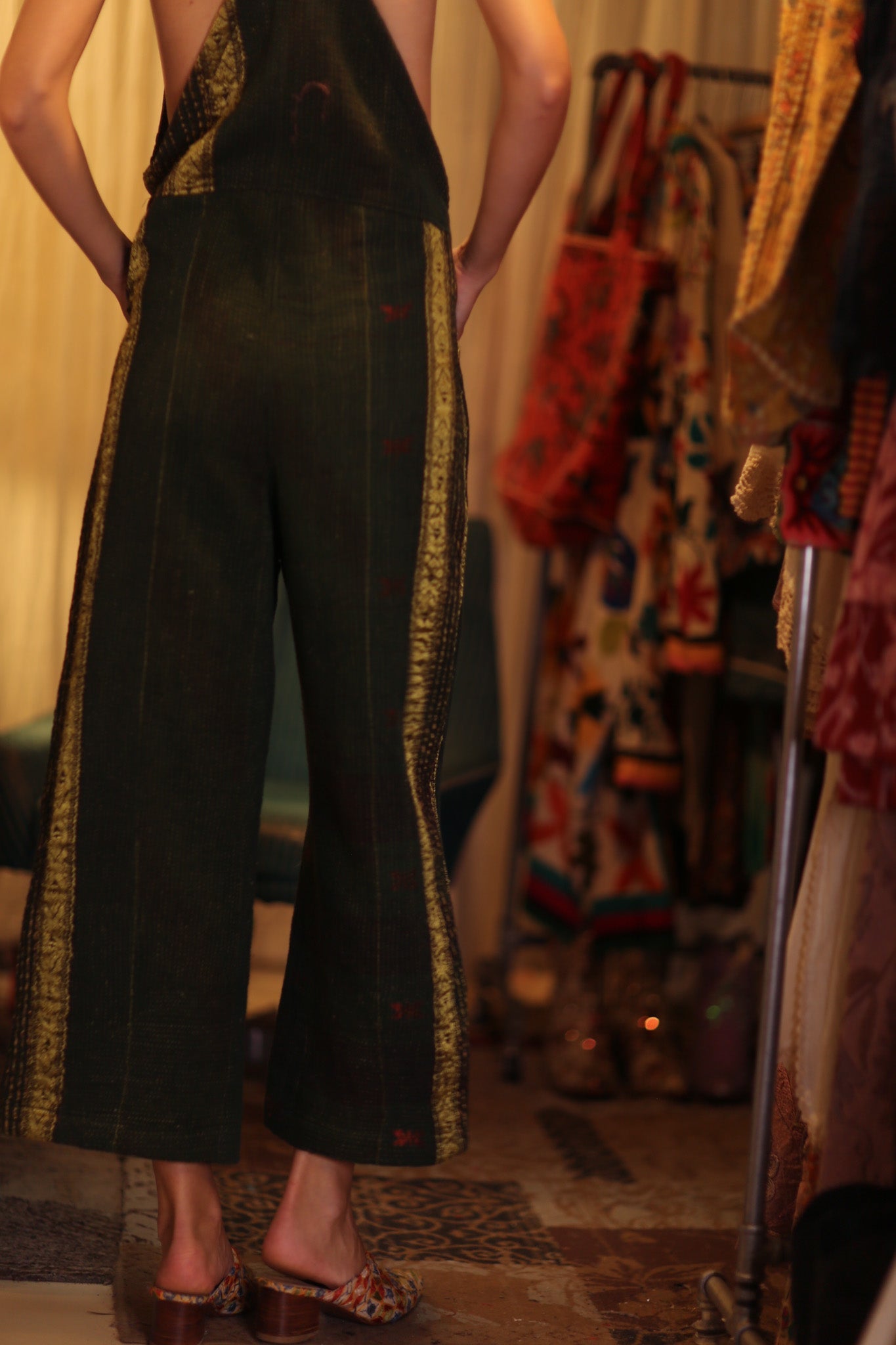 FREYA OVERALL EMBROIDERED KANTHA FOREST GREEN - BANGKOK TAILOR CLOTHING STORE - HANDMADE CLOTHING