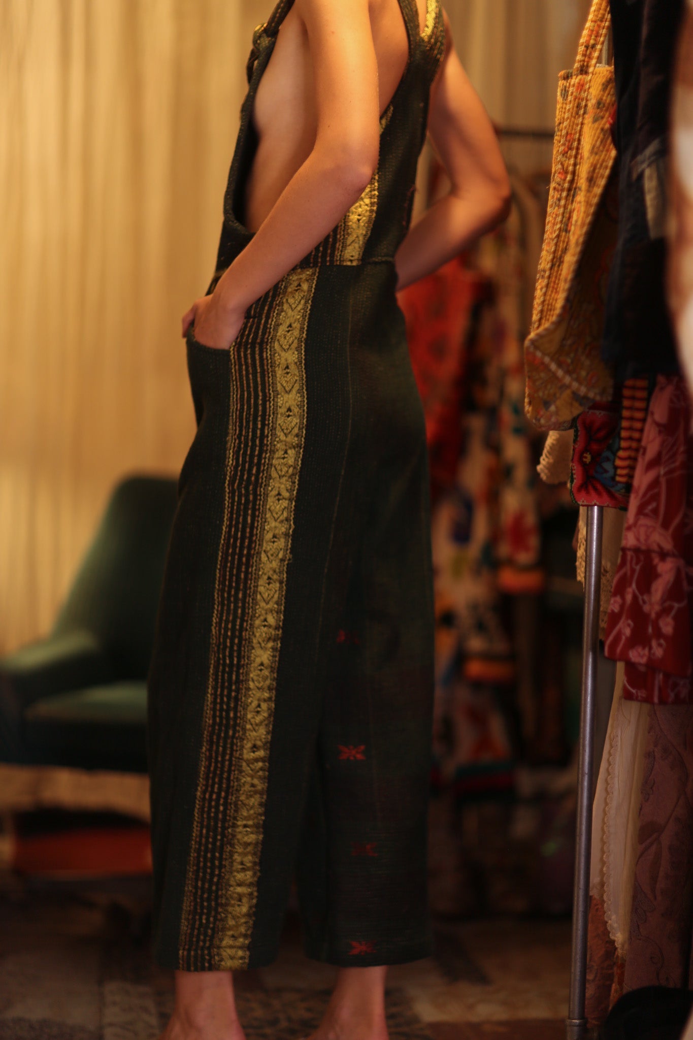 FREYA OVERALL EMBROIDERED KANTHA FOREST GREEN - BANGKOK TAILOR CLOTHING STORE - HANDMADE CLOTHING