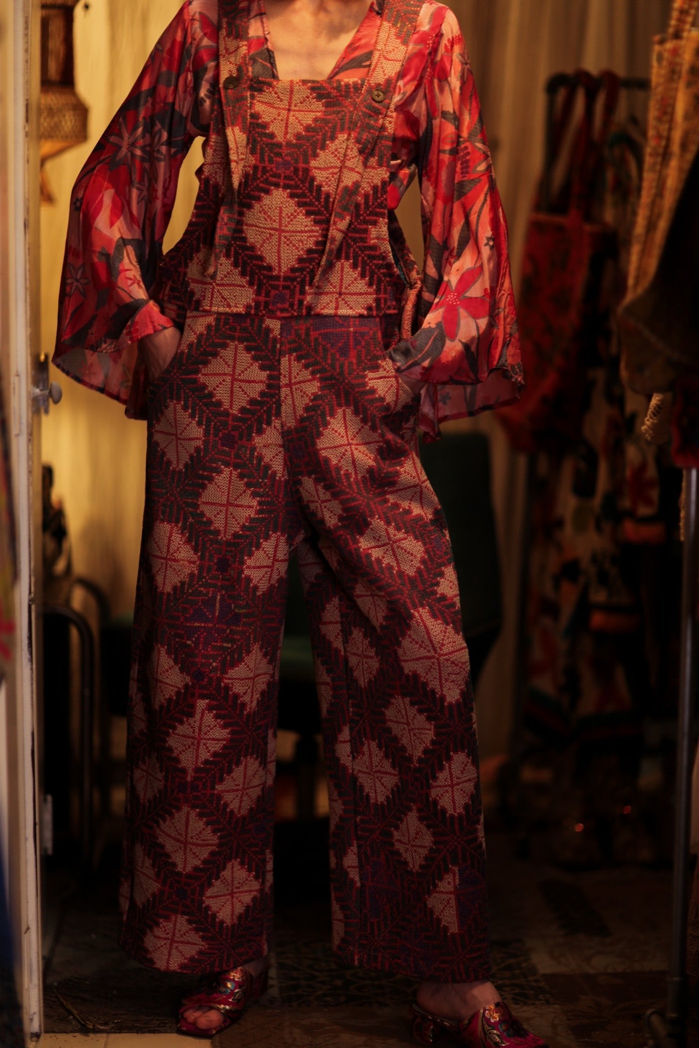 FREYA OVERALLS EMBROIDERED KANTHA GEOMETRIC - BANGKOK TAILOR CLOTHING STORE - HANDMADE CLOTHING