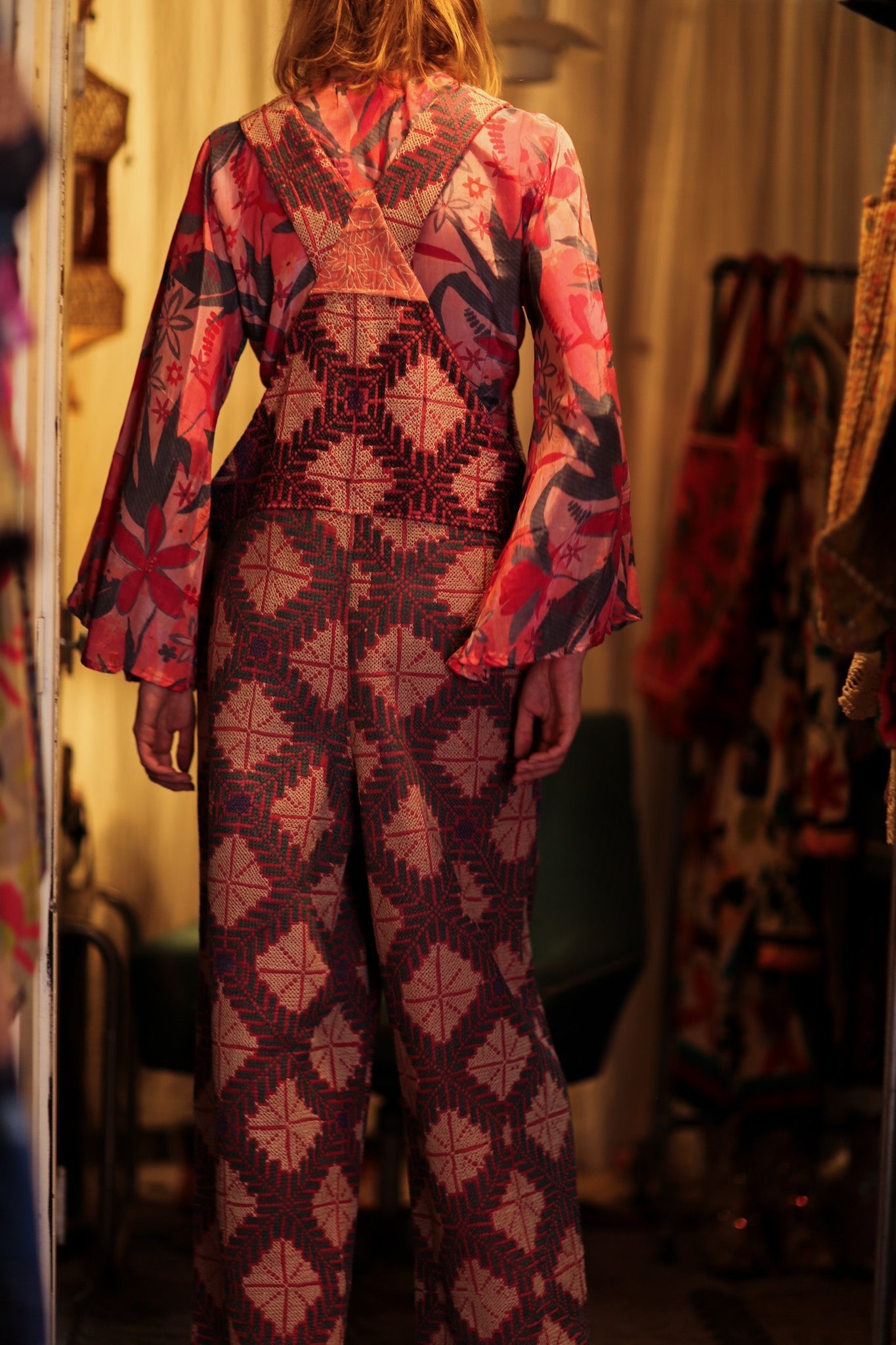 FREYA OVERALLS EMBROIDERED KANTHA GEOMETRIC - BANGKOK TAILOR CLOTHING STORE - HANDMADE CLOTHING