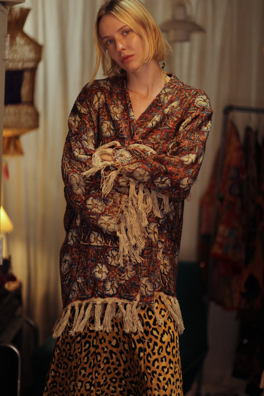 FRINGED JACKET BLUE FLOWERS - BANGKOK TAILOR CLOTHING STORE - HANDMADE CLOTHING