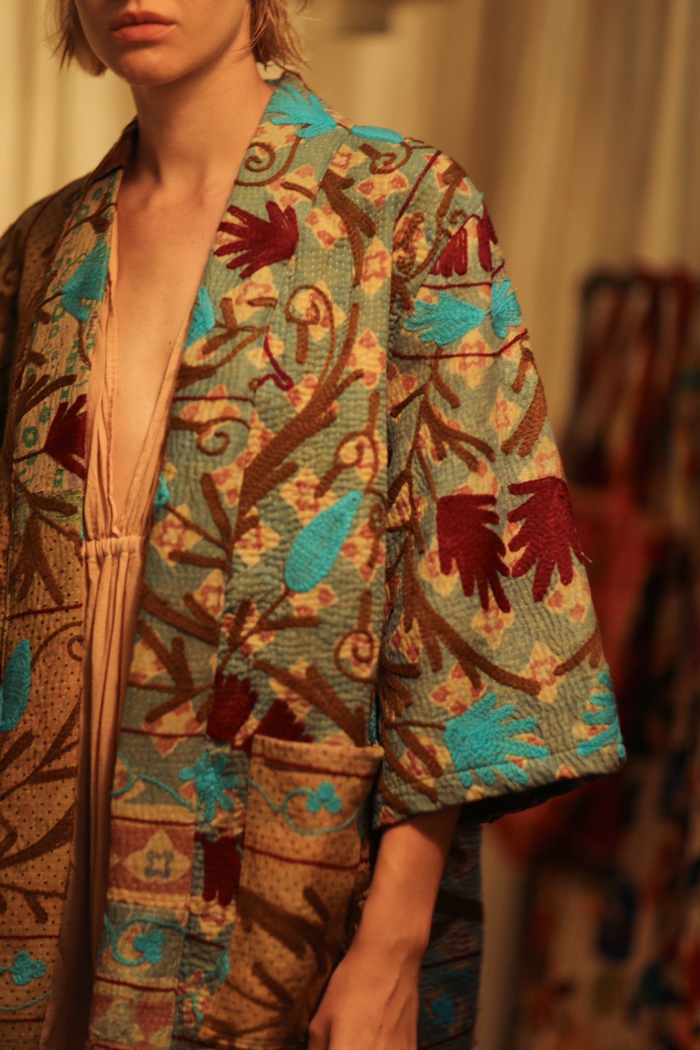 GINEVRA EMBROIDERED KANTHA KIMONO RED AND BLUE - BANGKOK TAILOR CLOTHING STORE - HANDMADE CLOTHING