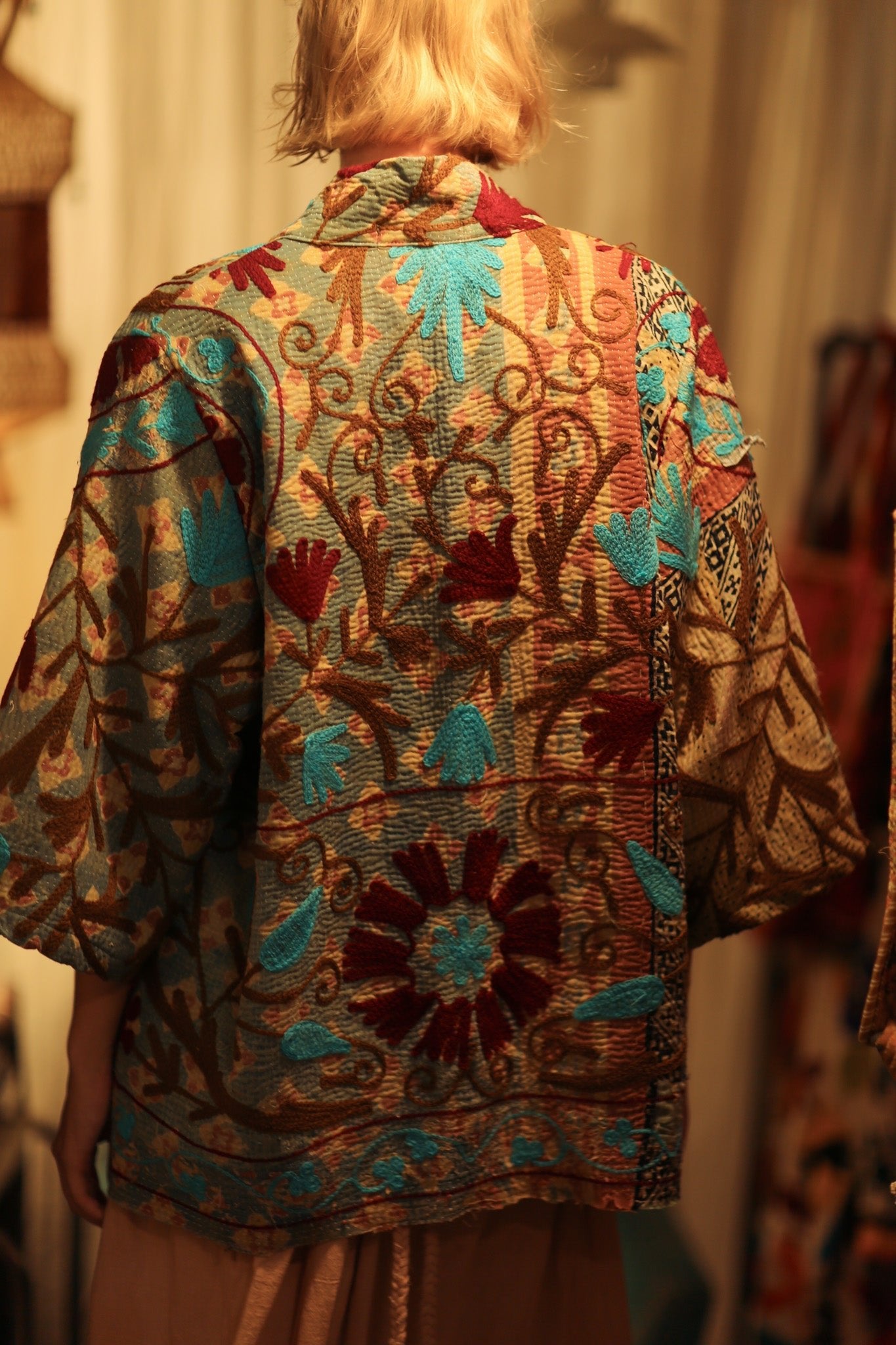 GINEVRA EMBROIDERED KANTHA KIMONO RED AND BLUE - BANGKOK TAILOR CLOTHING STORE - HANDMADE CLOTHING