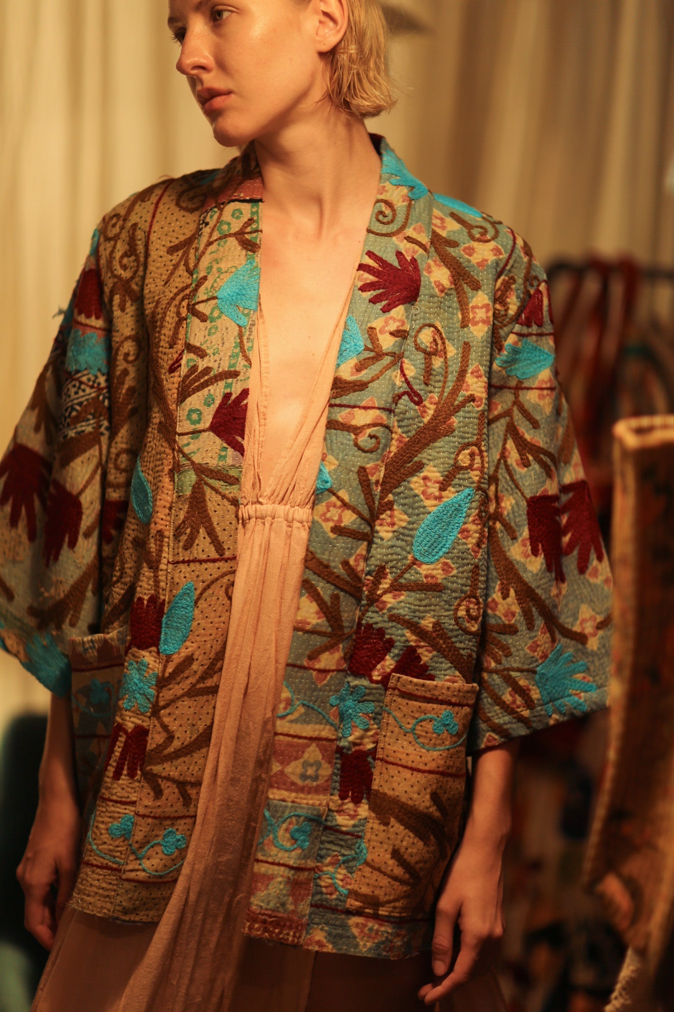 GINEVRA EMBROIDERED KANTHA KIMONO RED AND BLUE - BANGKOK TAILOR CLOTHING STORE - HANDMADE CLOTHING