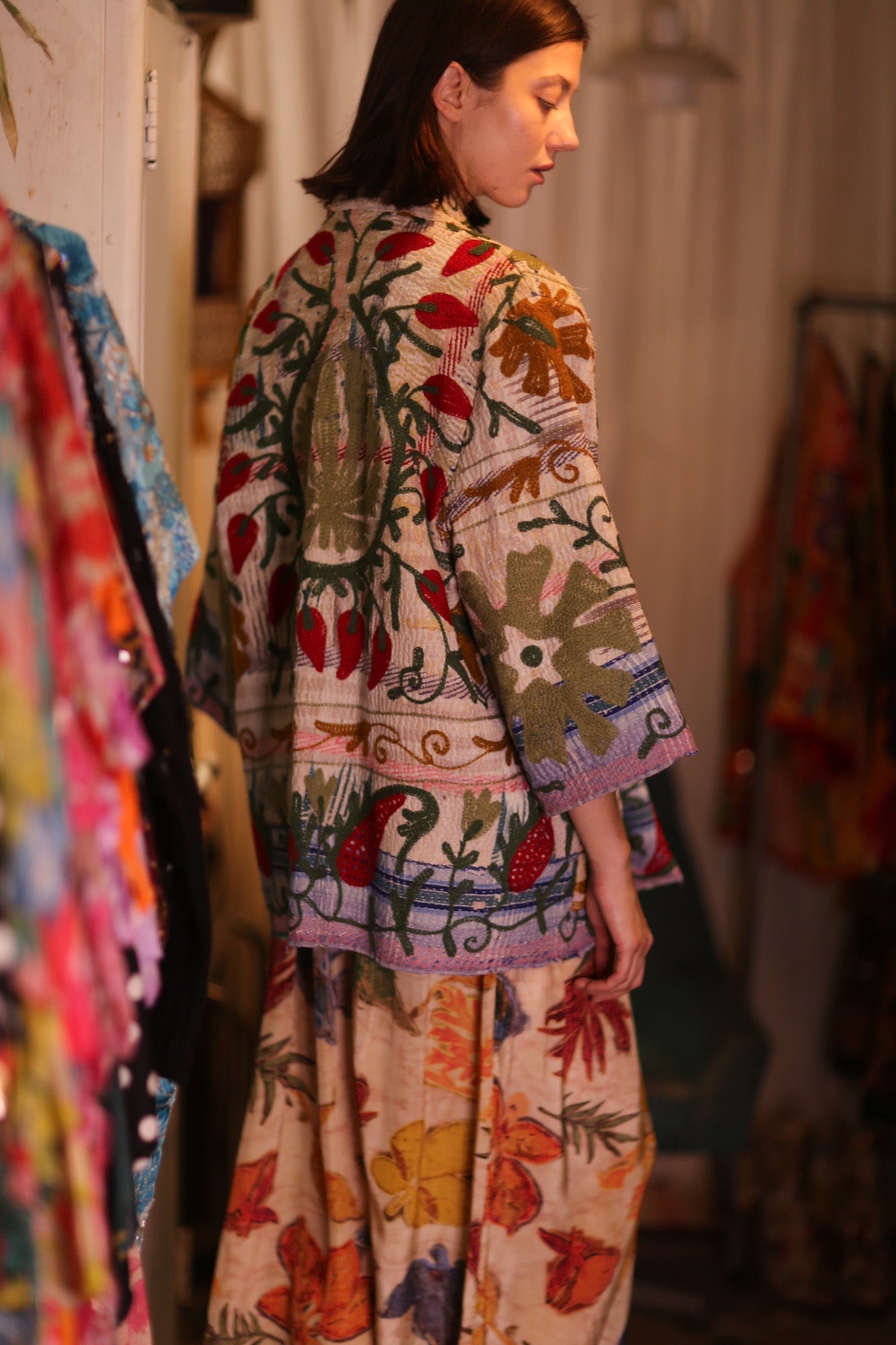GINEVRA EMBROIDERED KANTHA KIMONO STRAWBERRY - BANGKOK TAILOR CLOTHING STORE - HANDMADE CLOTHING