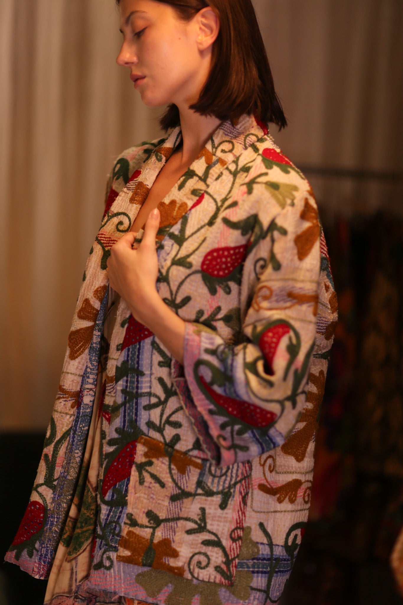 GINEVRA EMBROIDERED KANTHA KIMONO STRAWBERRY - BANGKOK TAILOR CLOTHING STORE - HANDMADE CLOTHING