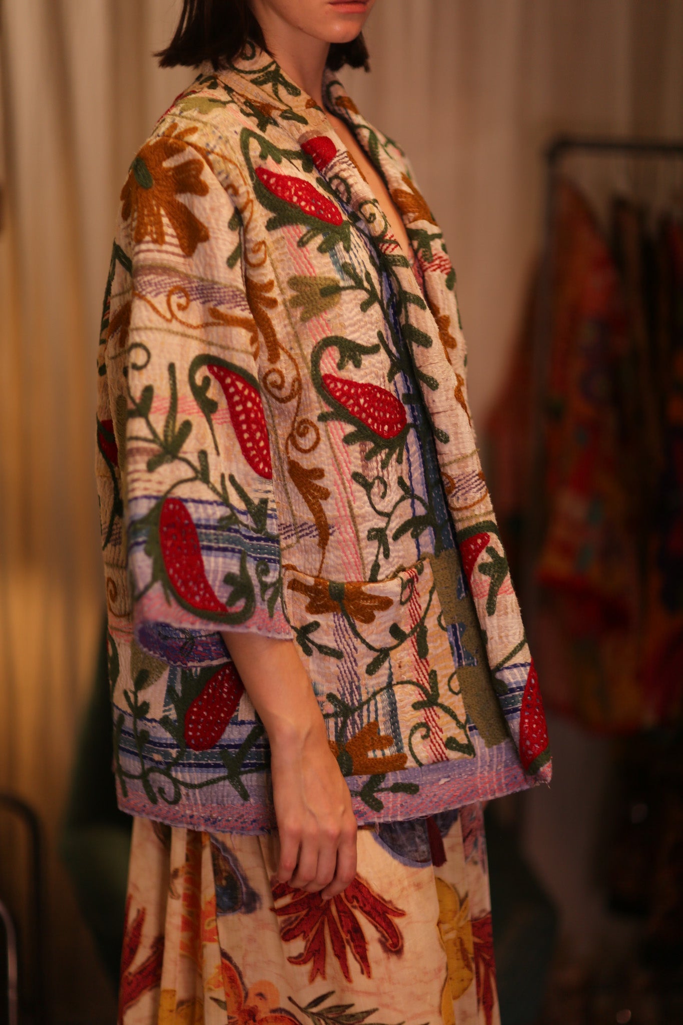 GINEVRA EMBROIDERED KANTHA KIMONO STRAWBERRY - BANGKOK TAILOR CLOTHING STORE - HANDMADE CLOTHING