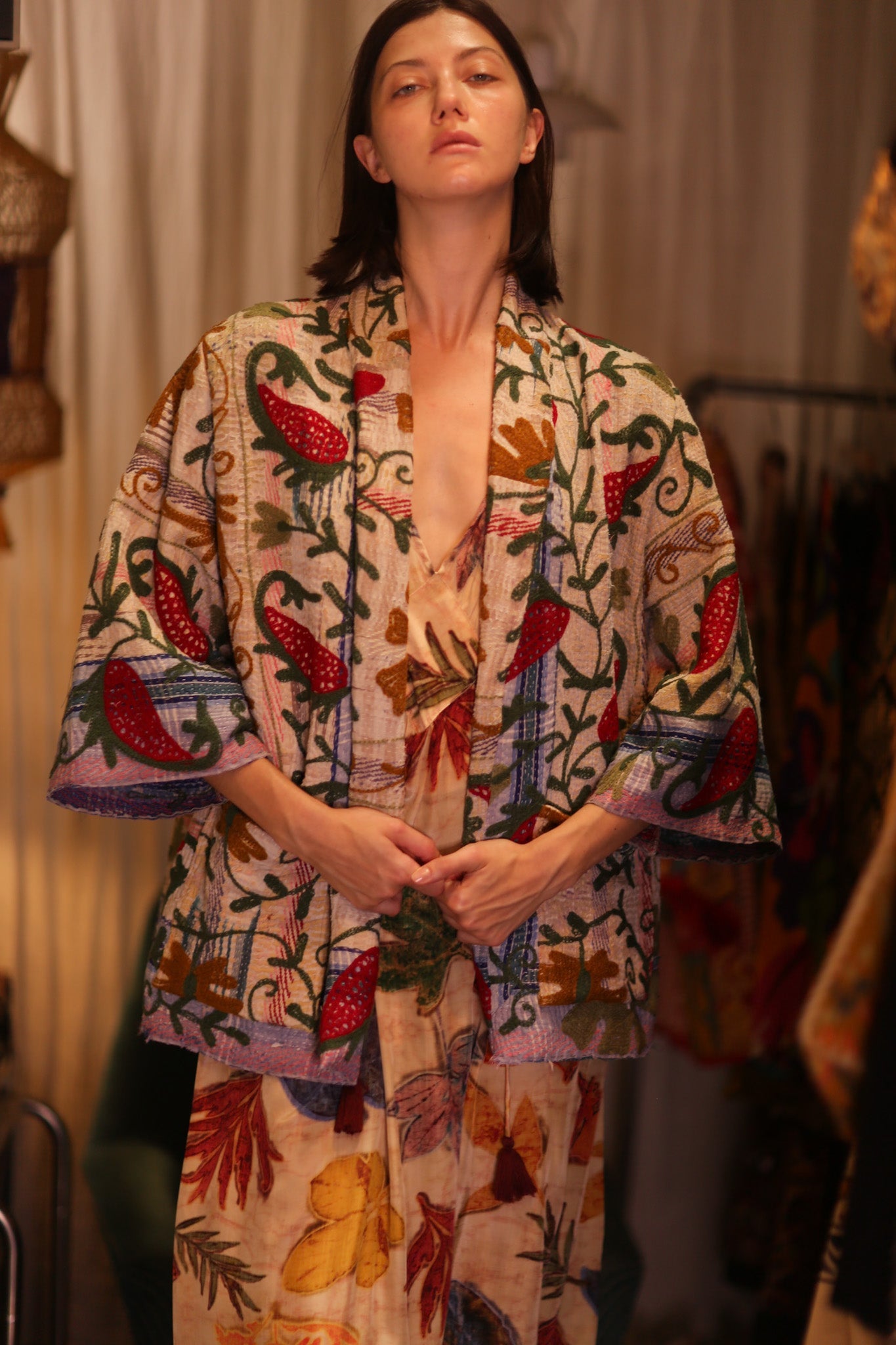 GINEVRA EMBROIDERED KANTHA KIMONO STRAWBERRY - BANGKOK TAILOR CLOTHING STORE - HANDMADE CLOTHING
