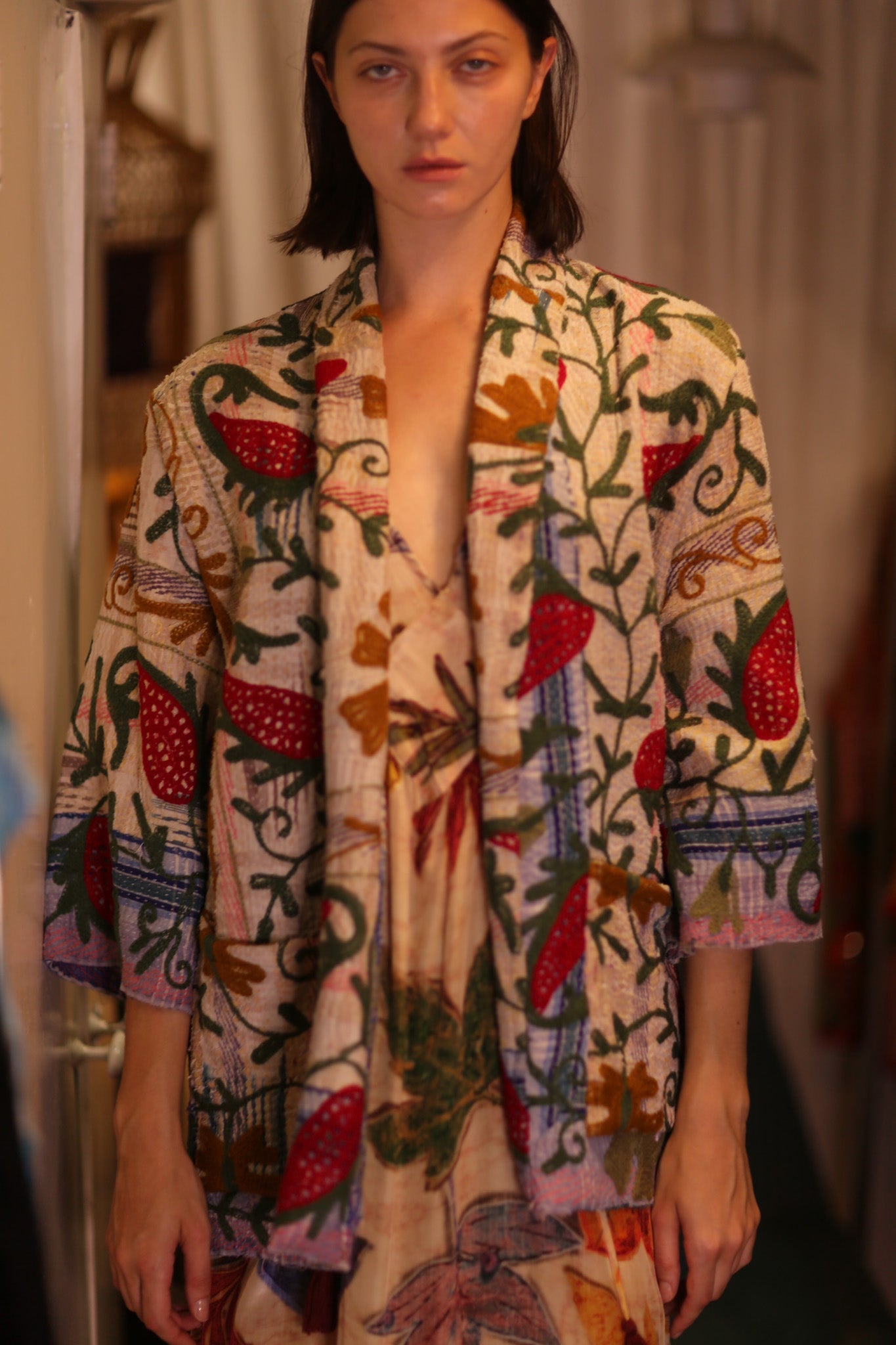 GINEVRA EMBROIDERED KANTHA KIMONO STRAWBERRY - BANGKOK TAILOR CLOTHING STORE - HANDMADE CLOTHING