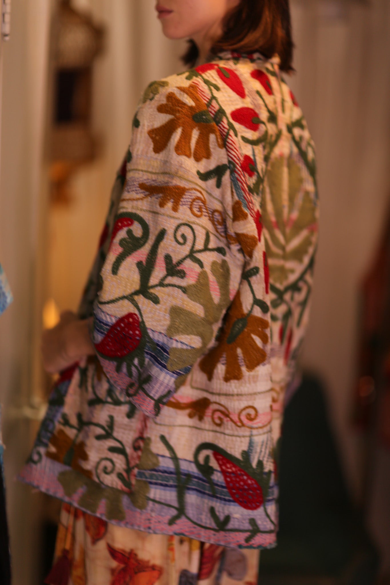 GINEVRA EMBROIDERED KANTHA KIMONO STRAWBERRY - BANGKOK TAILOR CLOTHING STORE - HANDMADE CLOTHING