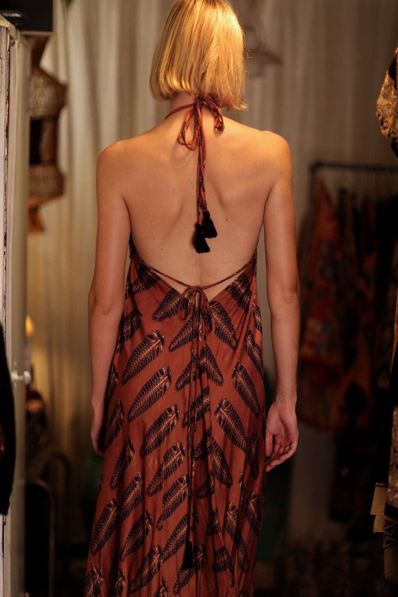 HANNAH SILK DRESS BROWN FEATHERS - BANGKOK TAILOR CLOTHING STORE - HANDMADE CLOTHING