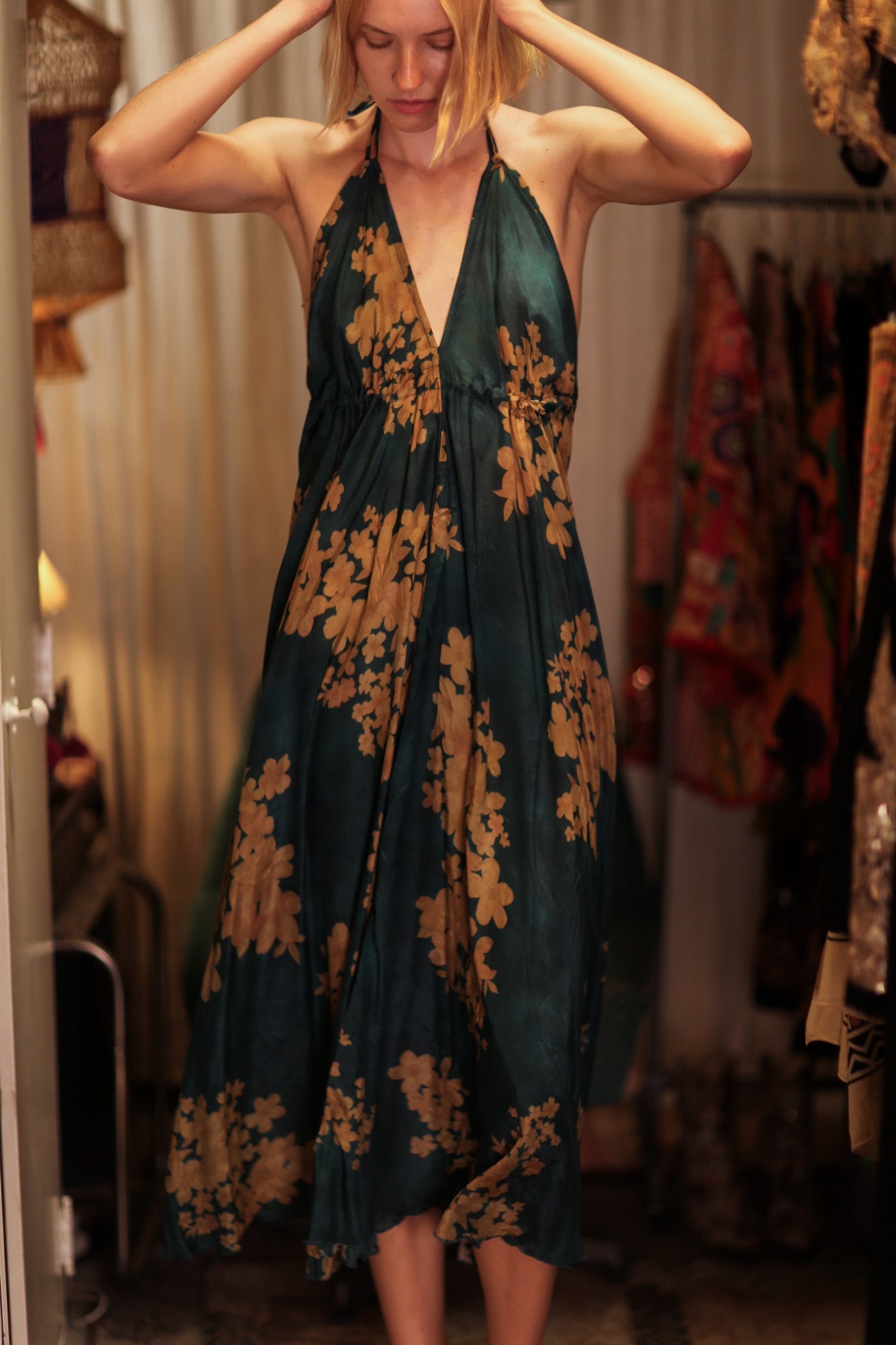 HANNAH SILK DRESS GOLDEN BOUQUET - BANGKOK TAILOR CLOTHING STORE - HANDMADE CLOTHING
