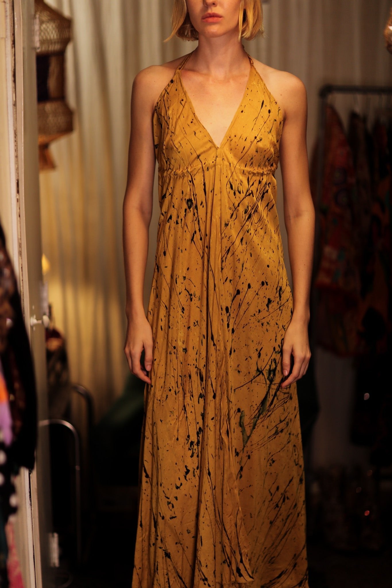 HANNAH SILK DRESS YELLOW PAINTER - BANGKOK TAILOR CLOTHING STORE - HANDMADE CLOTHING