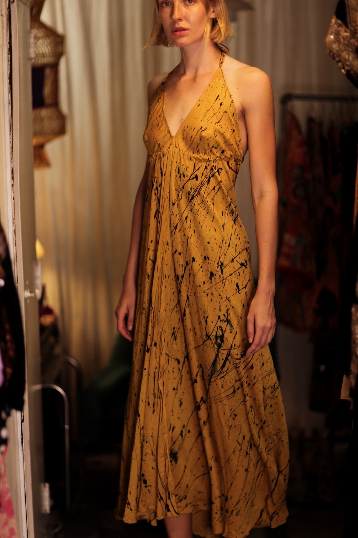 HANNAH SILK DRESS YELLOW PAINTER - BANGKOK TAILOR CLOTHING STORE - HANDMADE CLOTHING