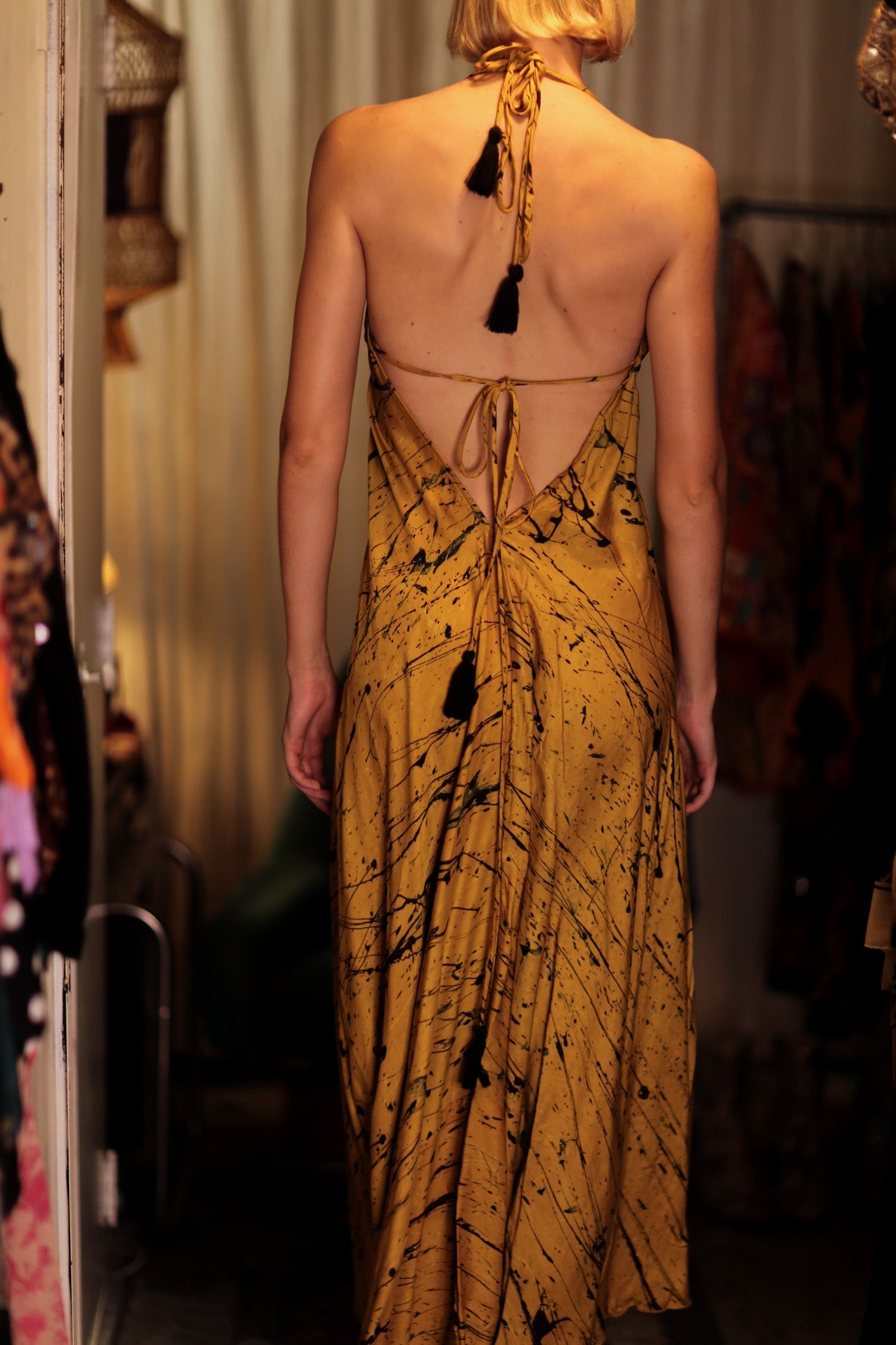 HANNAH SILK DRESS YELLOW PAINTER - BANGKOK TAILOR CLOTHING STORE - HANDMADE CLOTHING