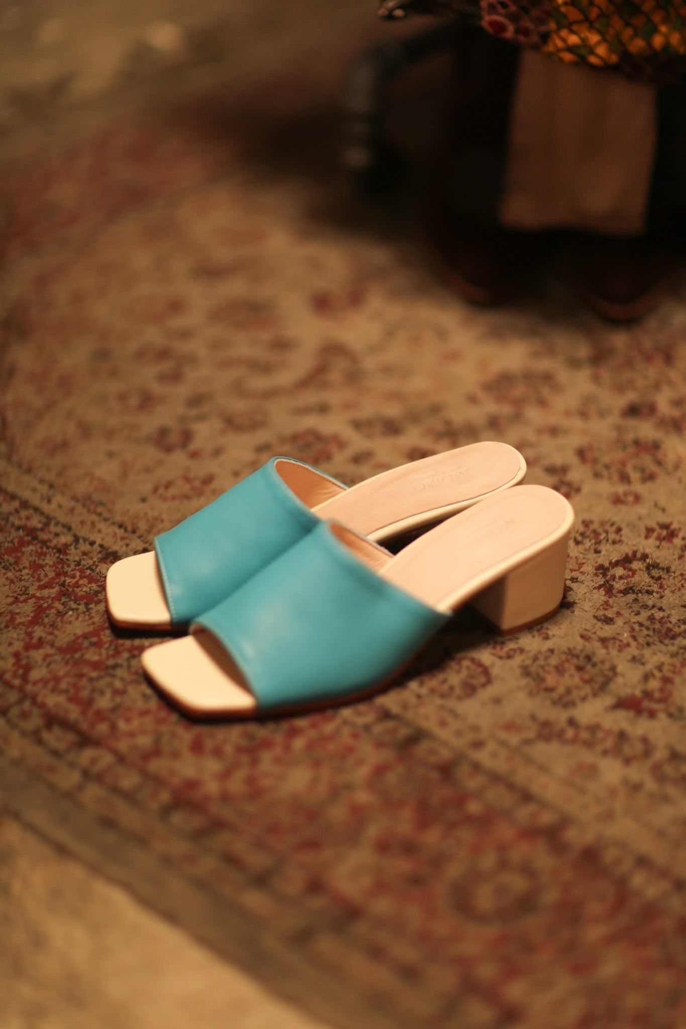 HEELED MULES LORIN TURQUOISE CREAM - BANGKOK TAILOR CLOTHING STORE - HANDMADE CLOTHING