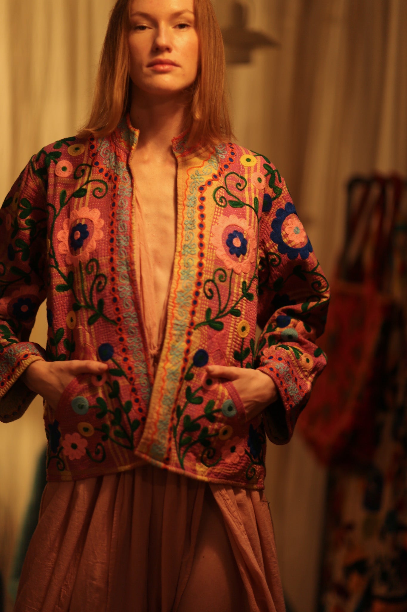 JACKET INGRID MARY PINK EMBROIDERED - BANGKOK TAILOR CLOTHING STORE - HANDMADE CLOTHING
