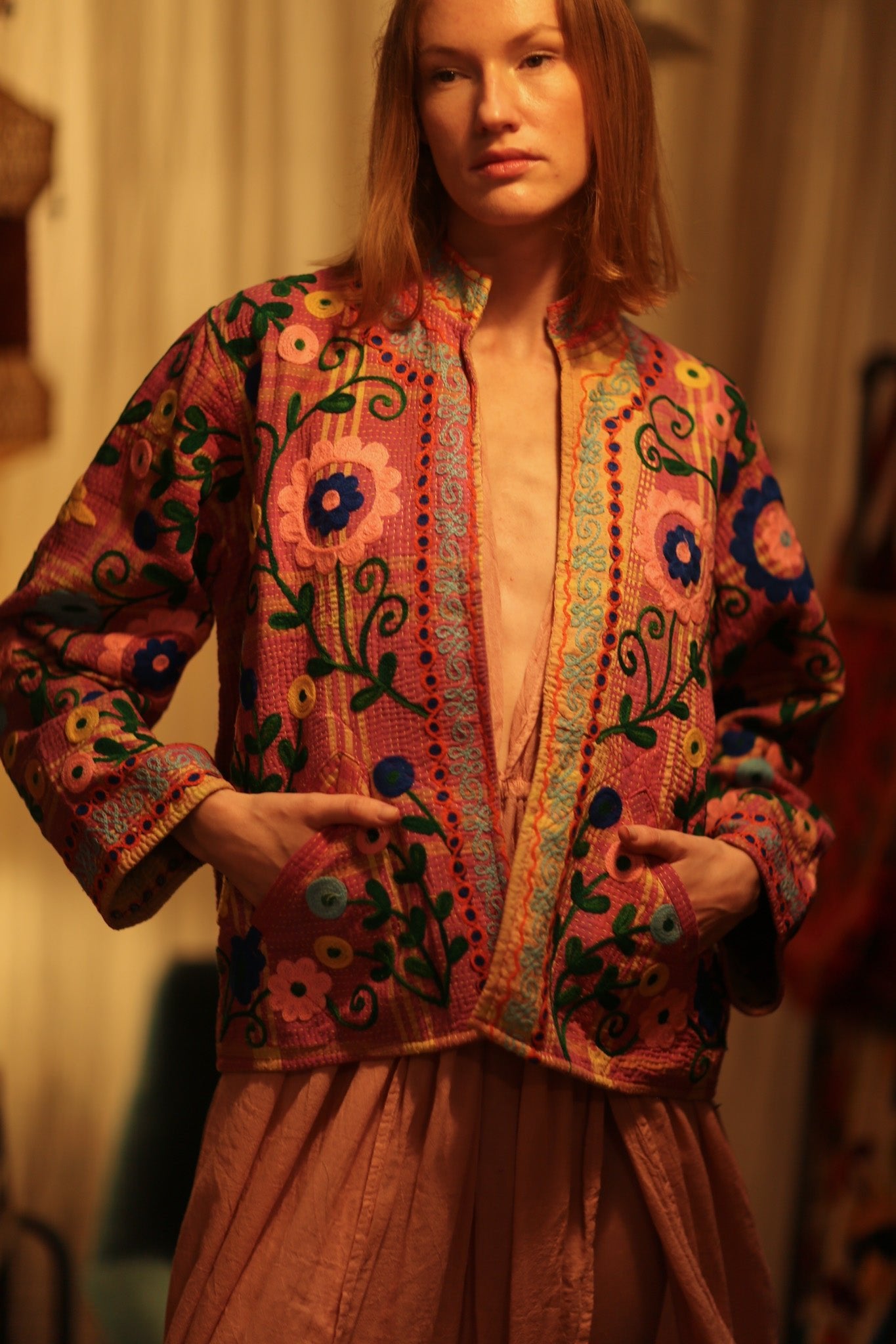 JACKET INGRID MARY PINK EMBROIDERED - BANGKOK TAILOR CLOTHING STORE - HANDMADE CLOTHING