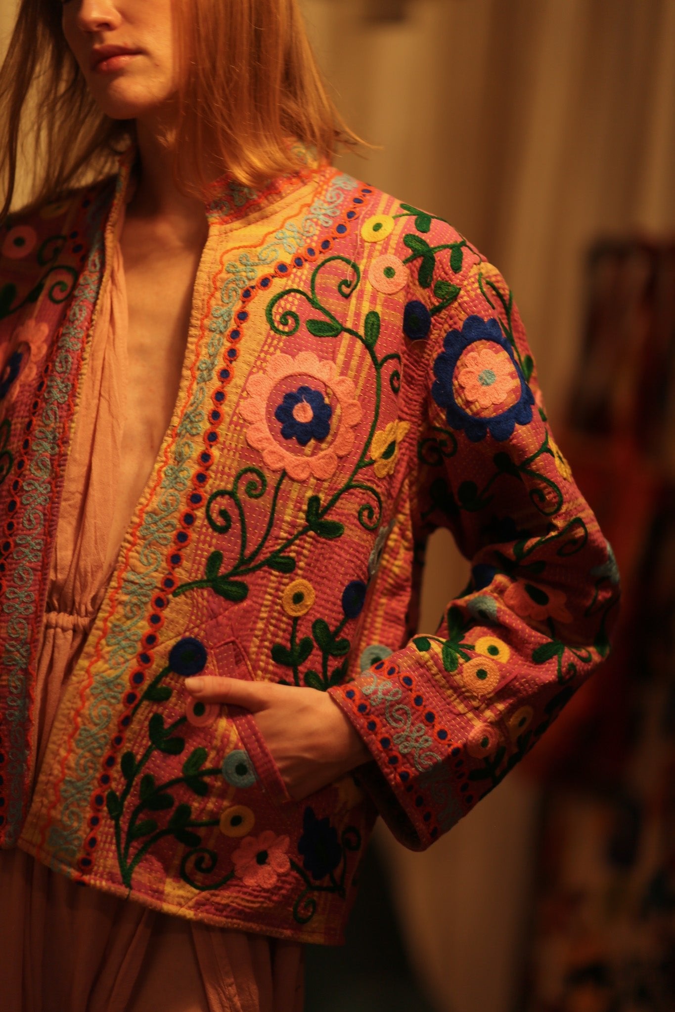 JACKET INGRID MARY PINK EMBROIDERED - BANGKOK TAILOR CLOTHING STORE - HANDMADE CLOTHING