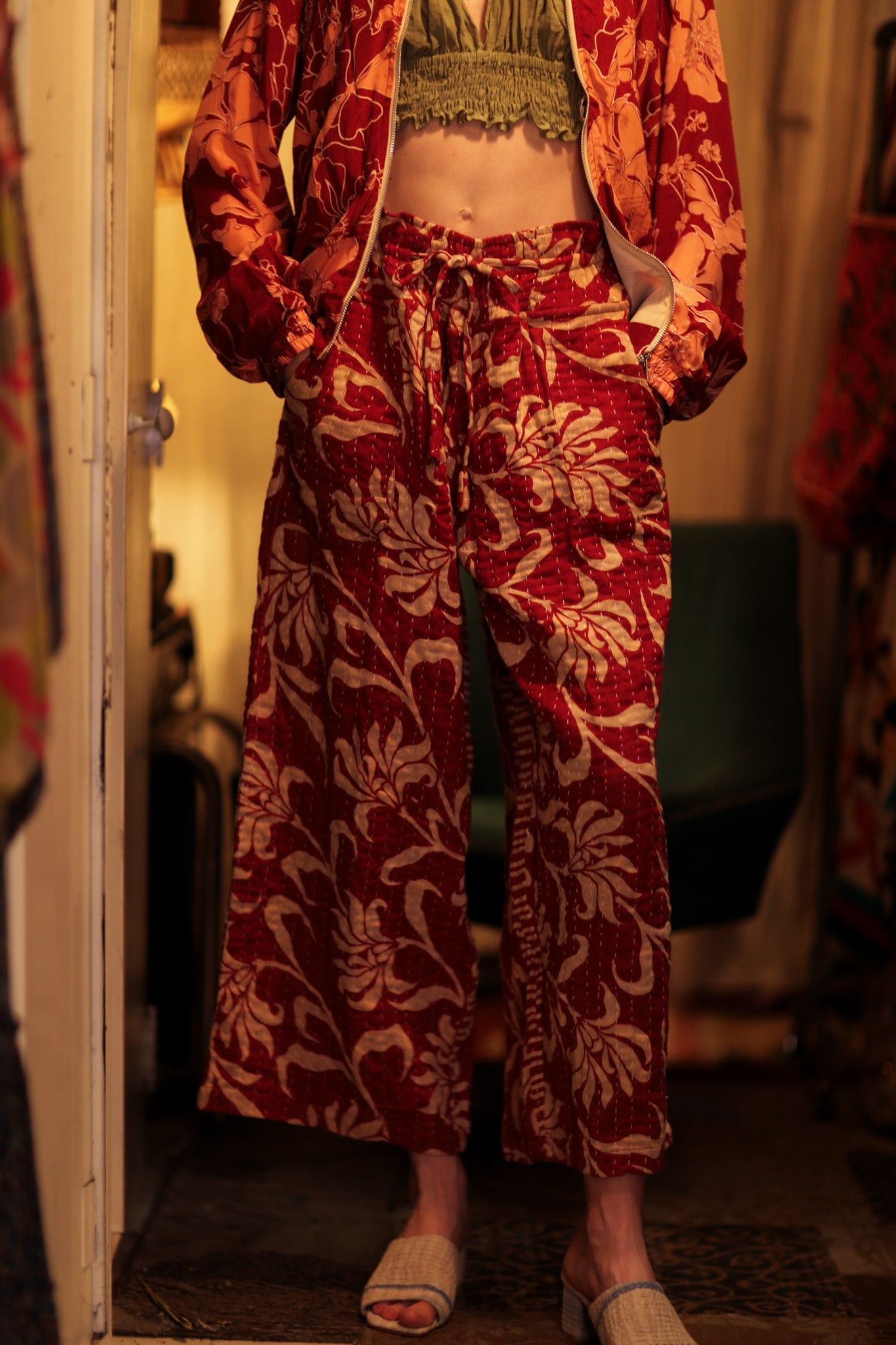 JUDITH KANTHA TROUSERS BURGUNDY BOUQUET - BANGKOK TAILOR CLOTHING STORE - HANDMADE CLOTHING