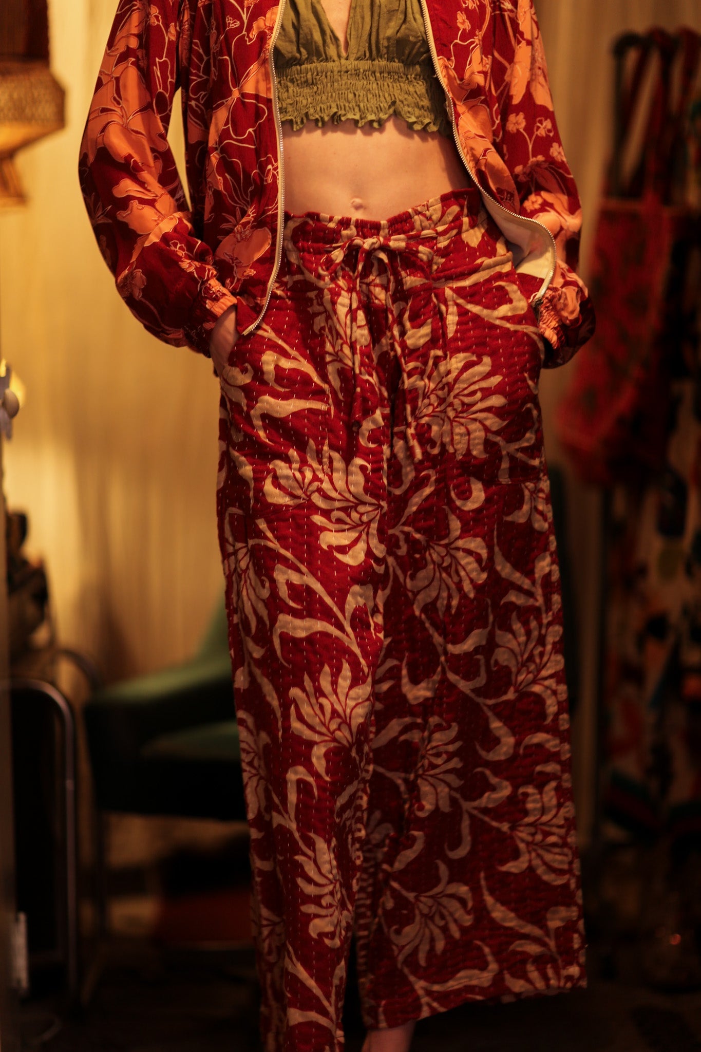 JUDITH KANTHA TROUSERS BURGUNDY BOUQUET - BANGKOK TAILOR CLOTHING STORE - HANDMADE CLOTHING