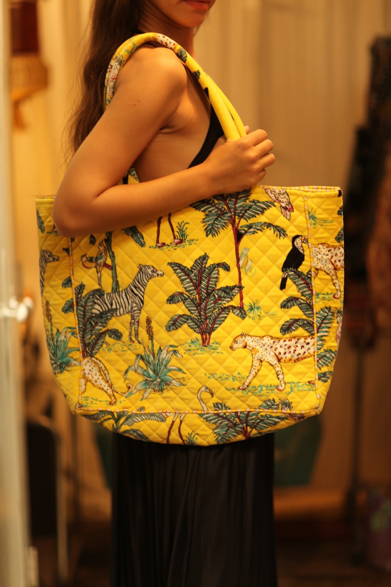 KALI VELVET BAG YELLOW CHEETAH L - BANGKOK TAILOR CLOTHING STORE - HANDMADE CLOTHING