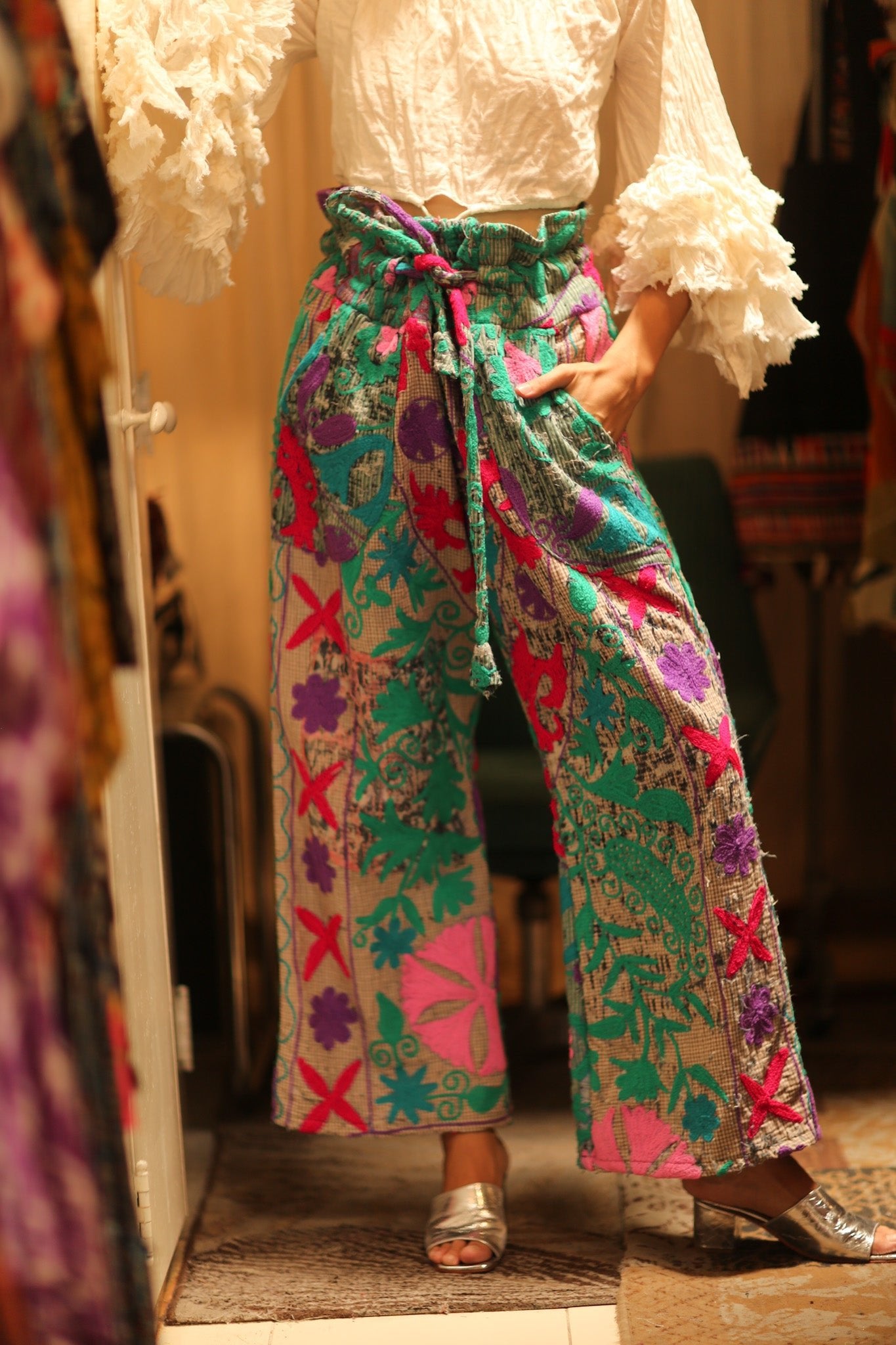 KANTHA EMBROIDERED PANTS WISSA - BANGKOK TAILOR CLOTHING STORE - HANDMADE CLOTHING