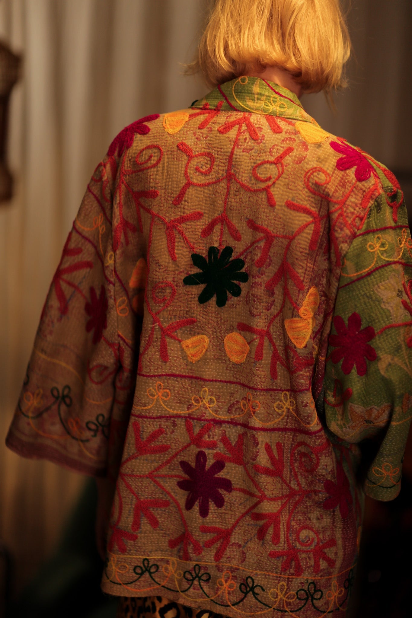 KANTHA EMBROIDERED SHORT KIMONO MONTY GRASS - BANGKOK TAILOR CLOTHING STORE - HANDMADE CLOTHING
