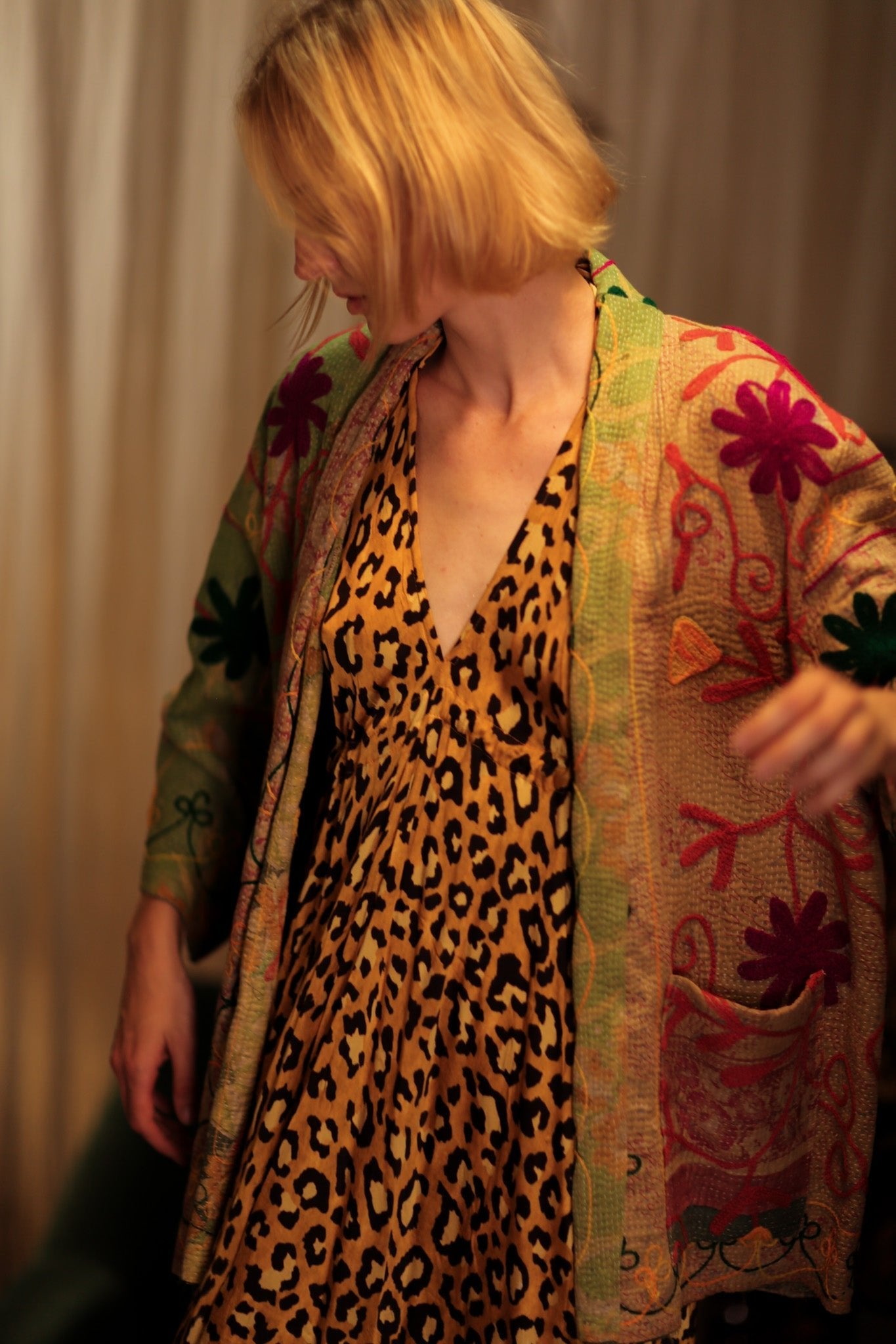 KANTHA EMBROIDERED SHORT KIMONO MONTY GRASS - BANGKOK TAILOR CLOTHING STORE - HANDMADE CLOTHING