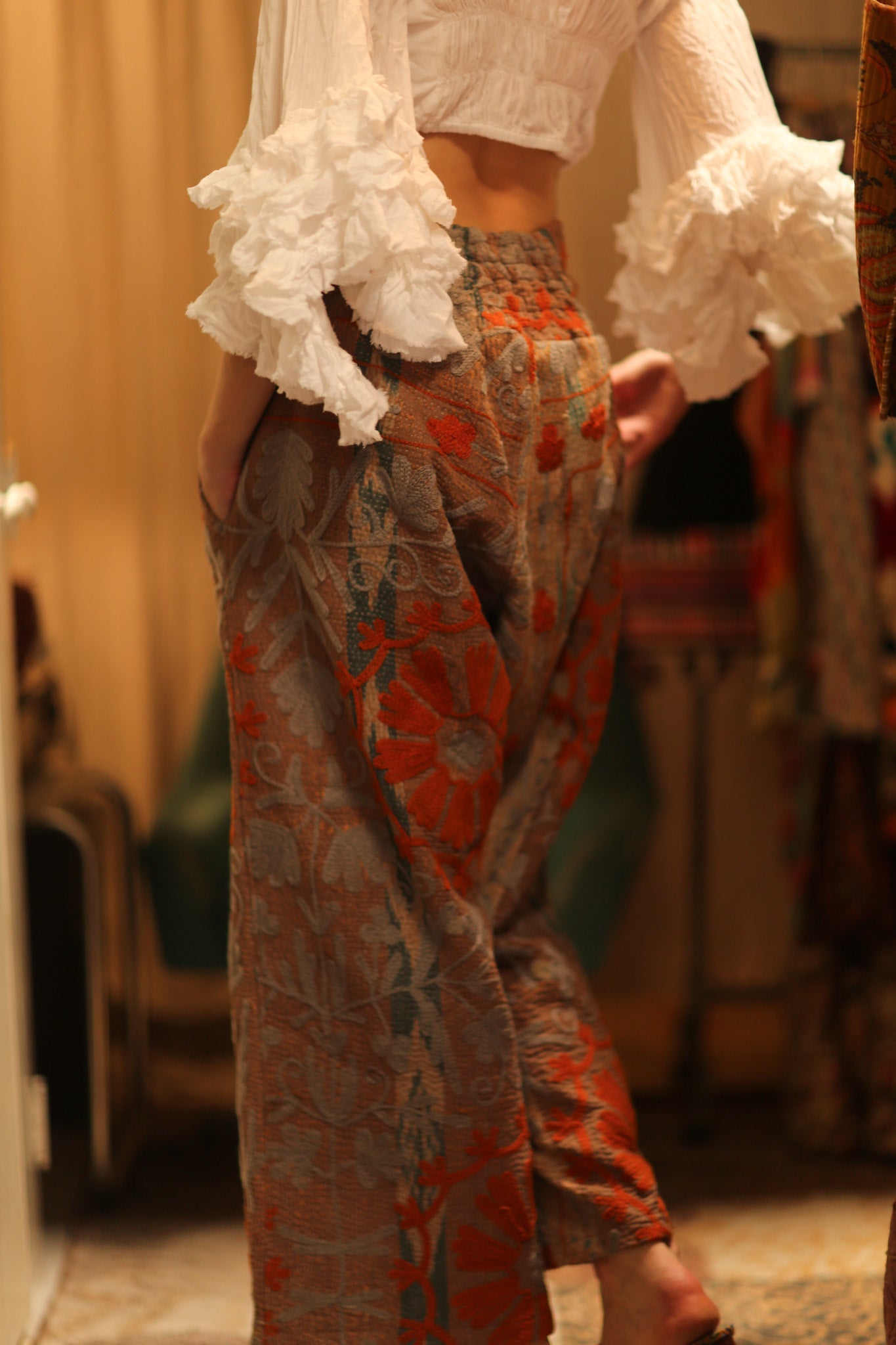 LENA KANTHA TROUSERS ORANGE FLOWERS - BANGKOK TAILOR CLOTHING STORE - HANDMADE CLOTHING