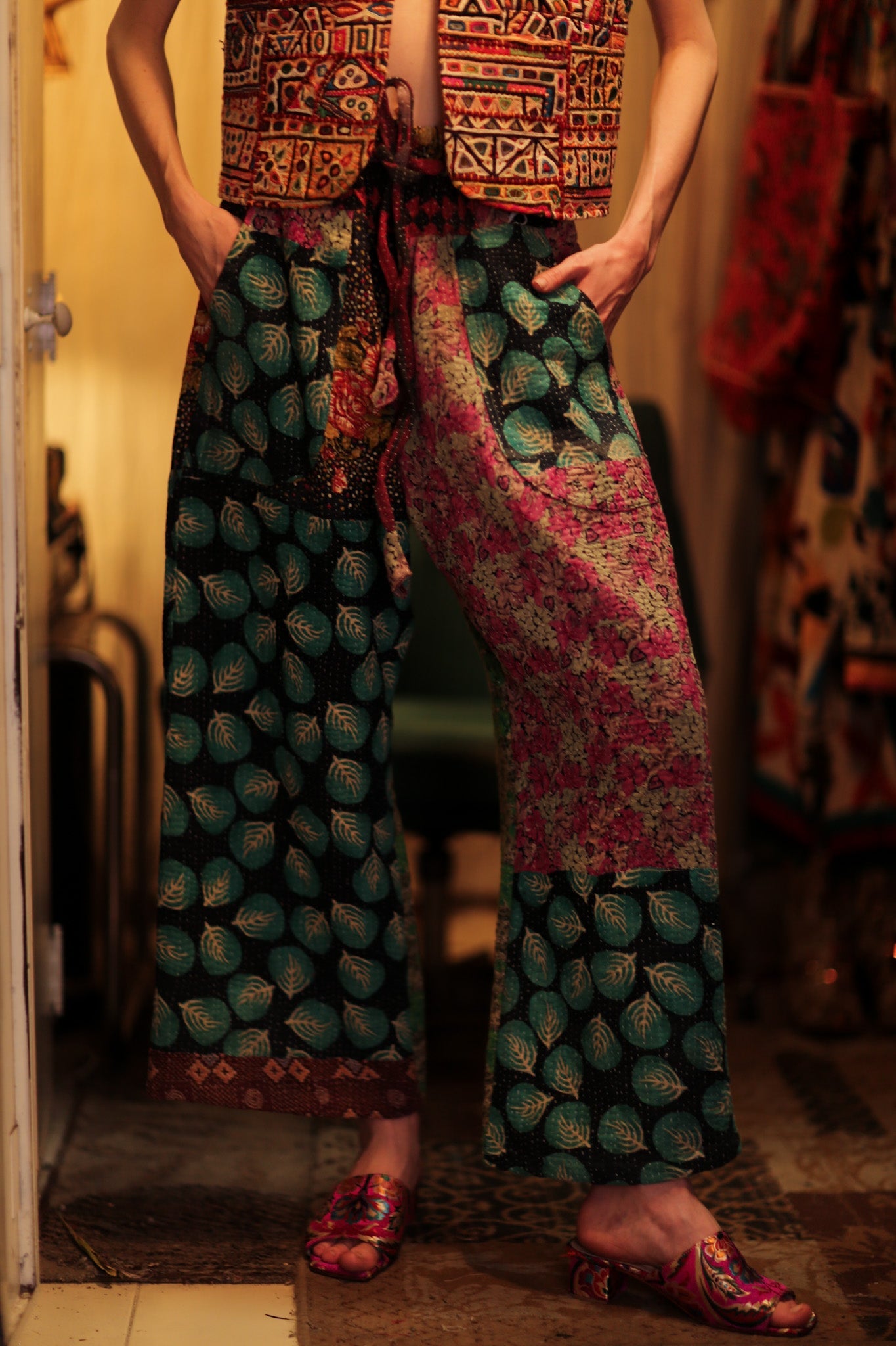 LENA KANTHA TROUSERS TURQUOISE LEAVES - BANGKOK TAILOR CLOTHING STORE - HANDMADE CLOTHING