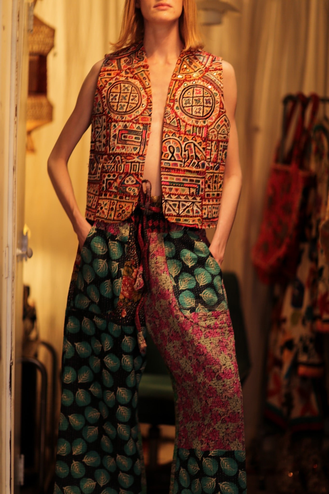 LENA KANTHA TROUSERS TURQUOISE LEAVES - BANGKOK TAILOR CLOTHING STORE - HANDMADE CLOTHING
