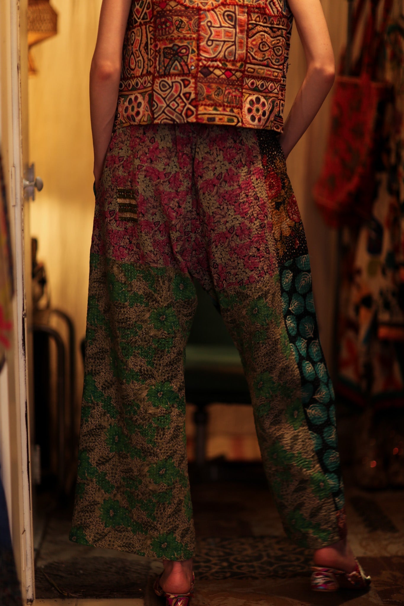 LENA KANTHA TROUSERS TURQUOISE LEAVES - BANGKOK TAILOR CLOTHING STORE - HANDMADE CLOTHING