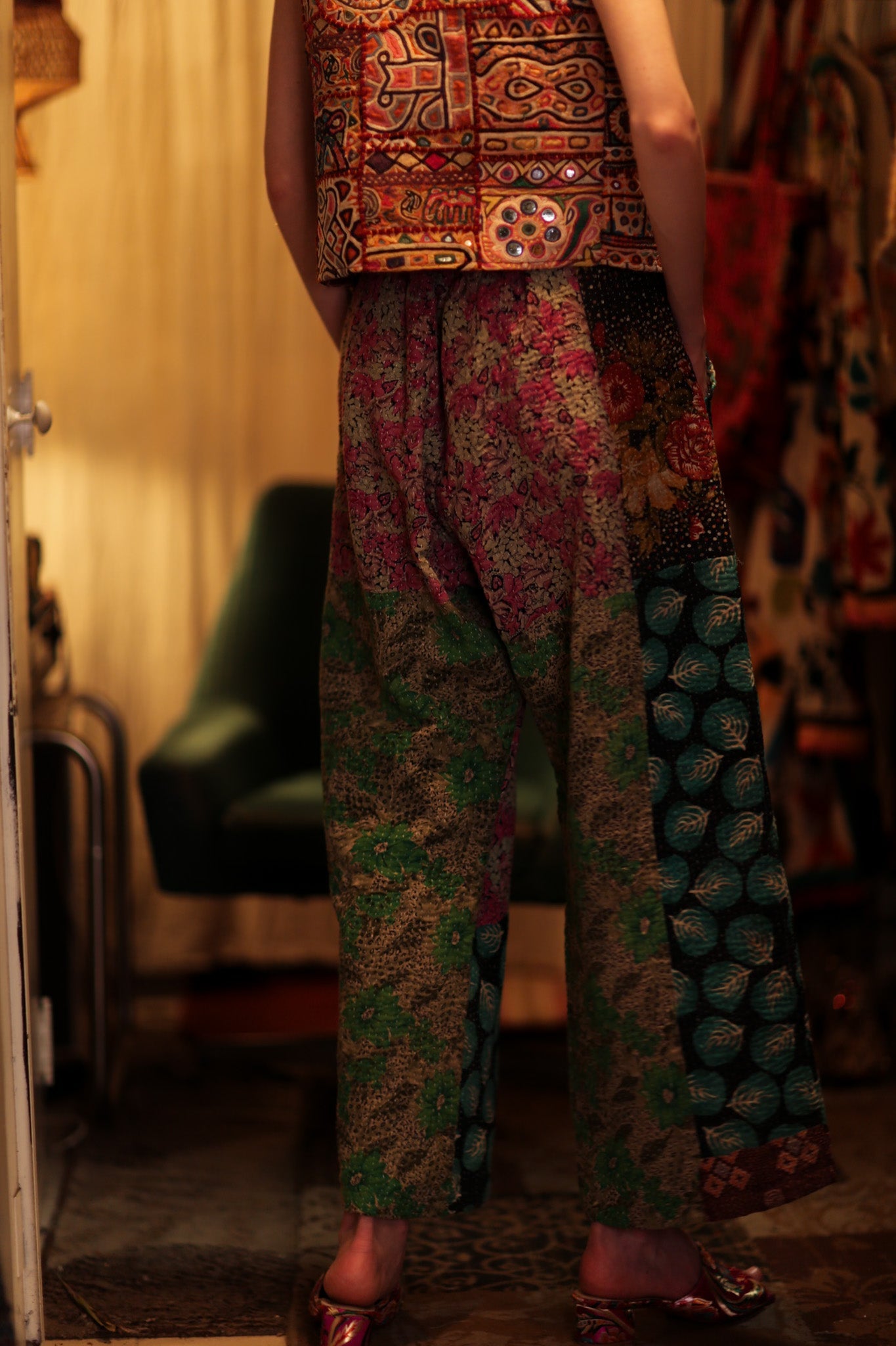 LENA KANTHA TROUSERS TURQUOISE LEAVES - BANGKOK TAILOR CLOTHING STORE - HANDMADE CLOTHING