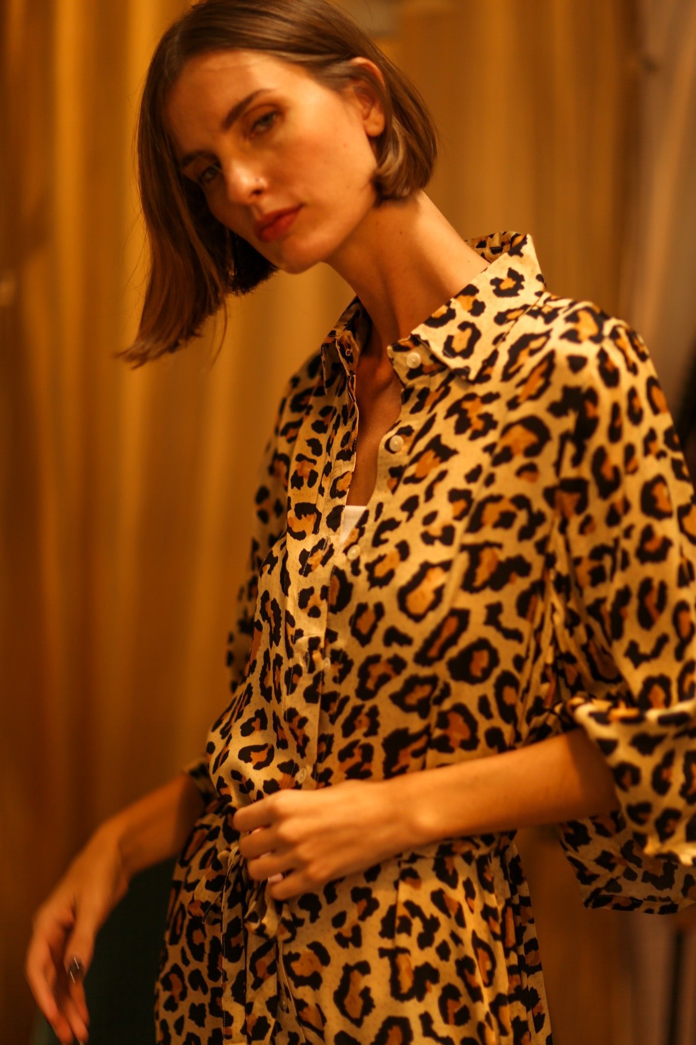 LEO PRINT BUTTON DRESS SERVGE - BANGKOK TAILOR CLOTHING STORE - HANDMADE CLOTHING