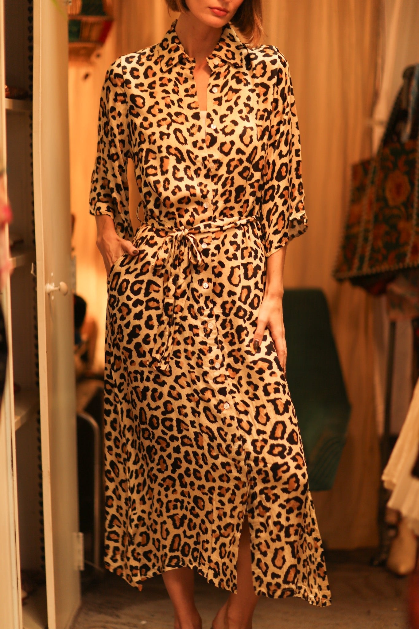 LEO PRINT BUTTON DRESS SERVGE - BANGKOK TAILOR CLOTHING STORE - HANDMADE CLOTHING