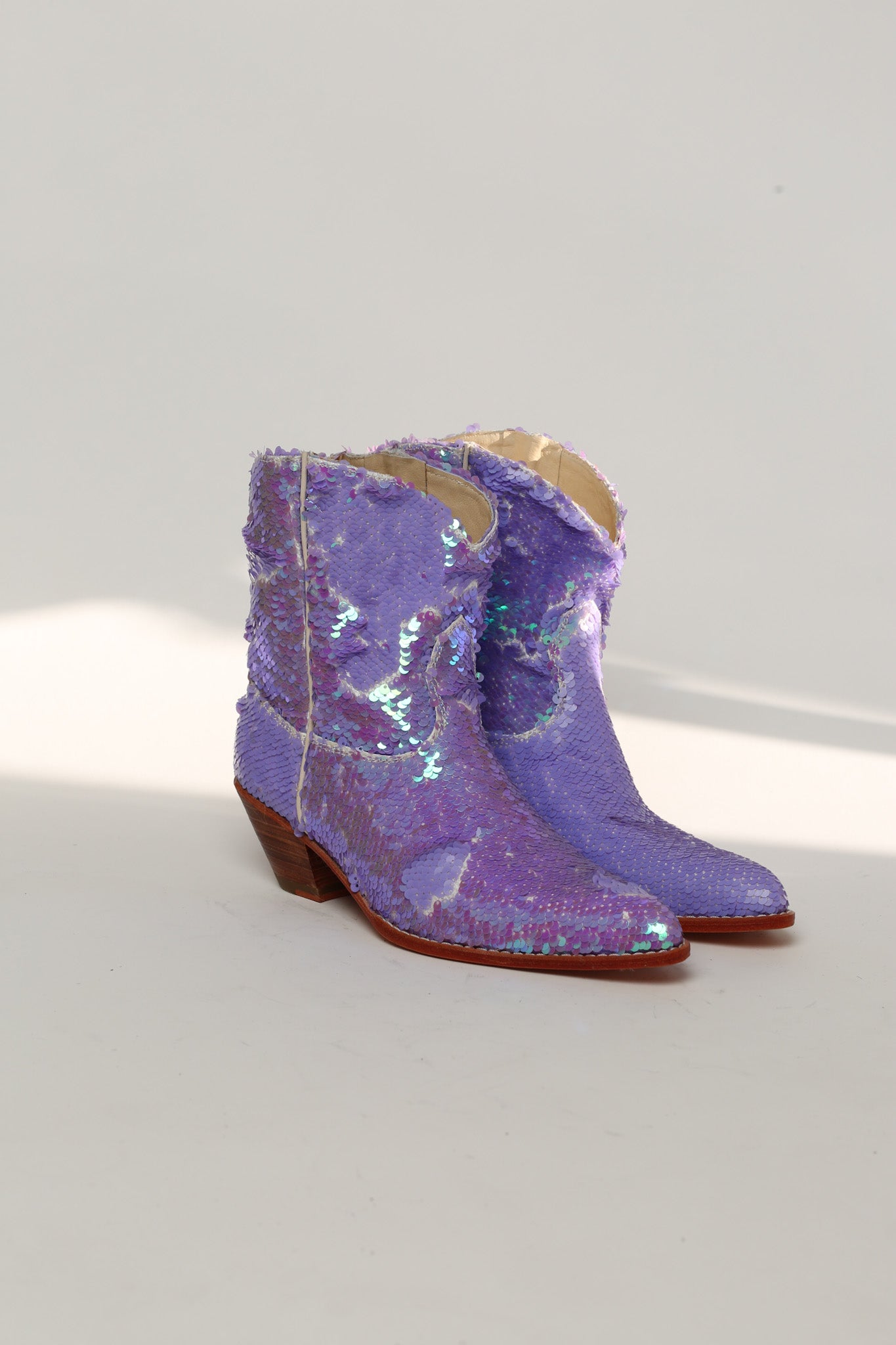 LILAC SEQUINS EMBROIDERED COWBOY ANKLE BOOTS - BANGKOK TAILOR CLOTHING STORE - HANDMADE CLOTHING