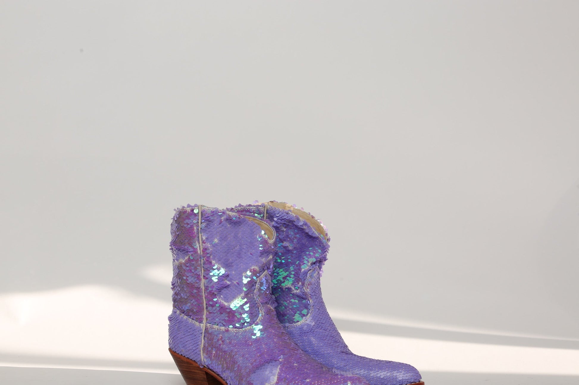 LILAC SEQUINS EMBROIDERED COWBOY ANKLE BOOTS - BANGKOK TAILOR CLOTHING STORE - HANDMADE CLOTHING
