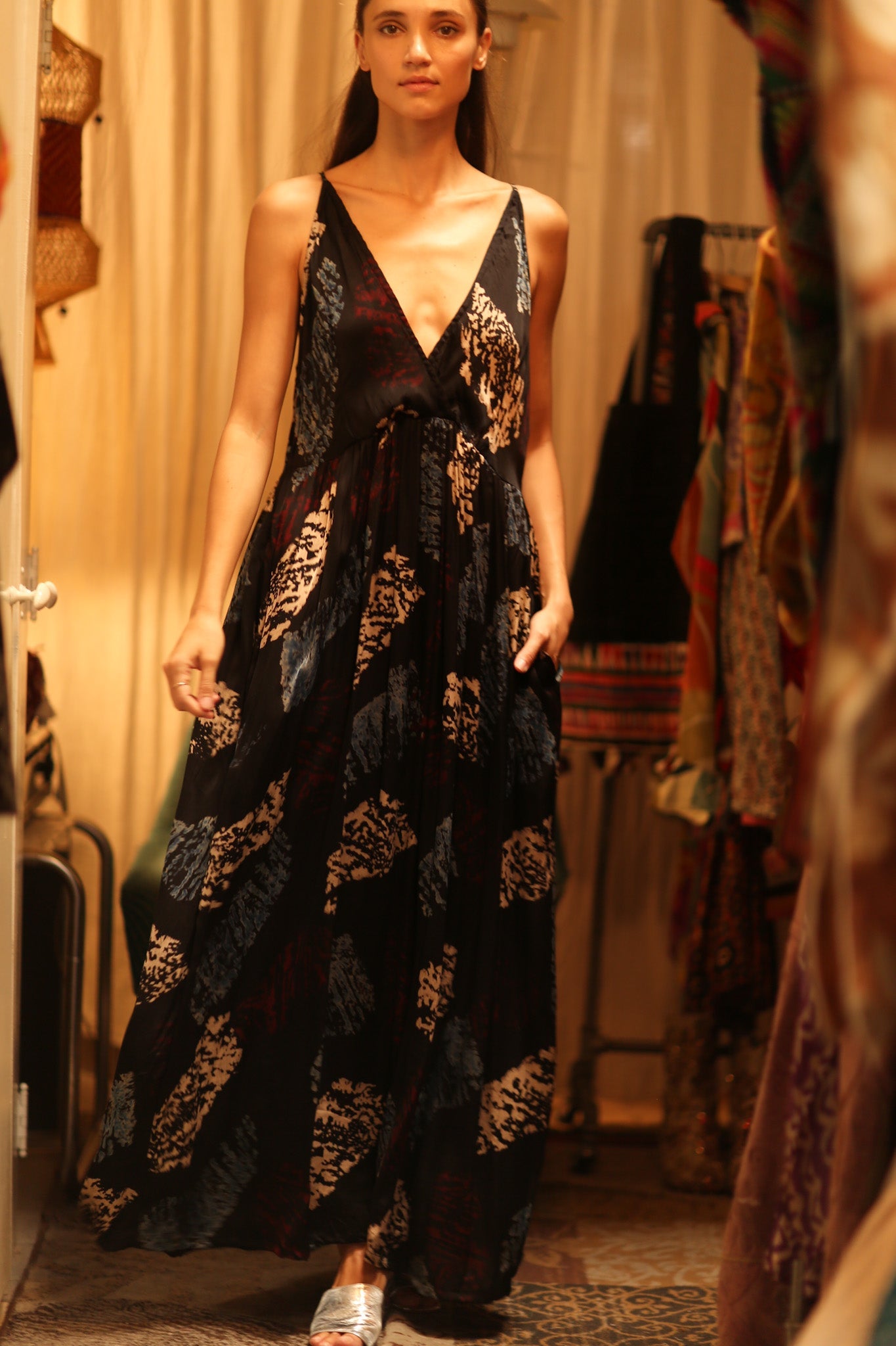 LILY SILK DRESS BLACK PAINTERS - BANGKOK TAILOR CLOTHING STORE - HANDMADE CLOTHING