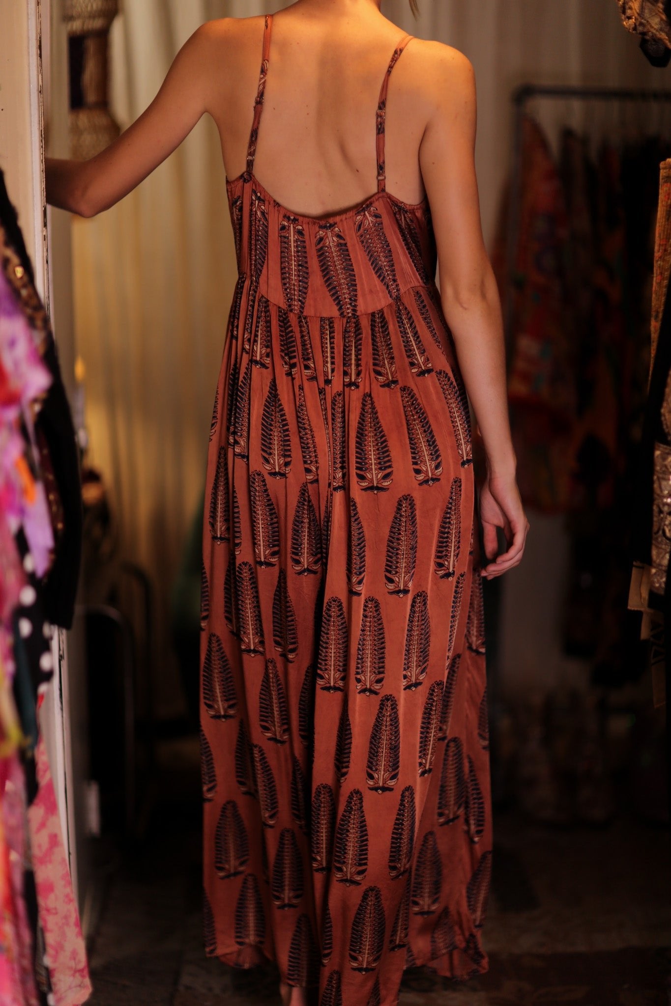 LILY SILK DRESS BROWN FEATHER - BANGKOK TAILOR CLOTHING STORE - HANDMADE CLOTHING
