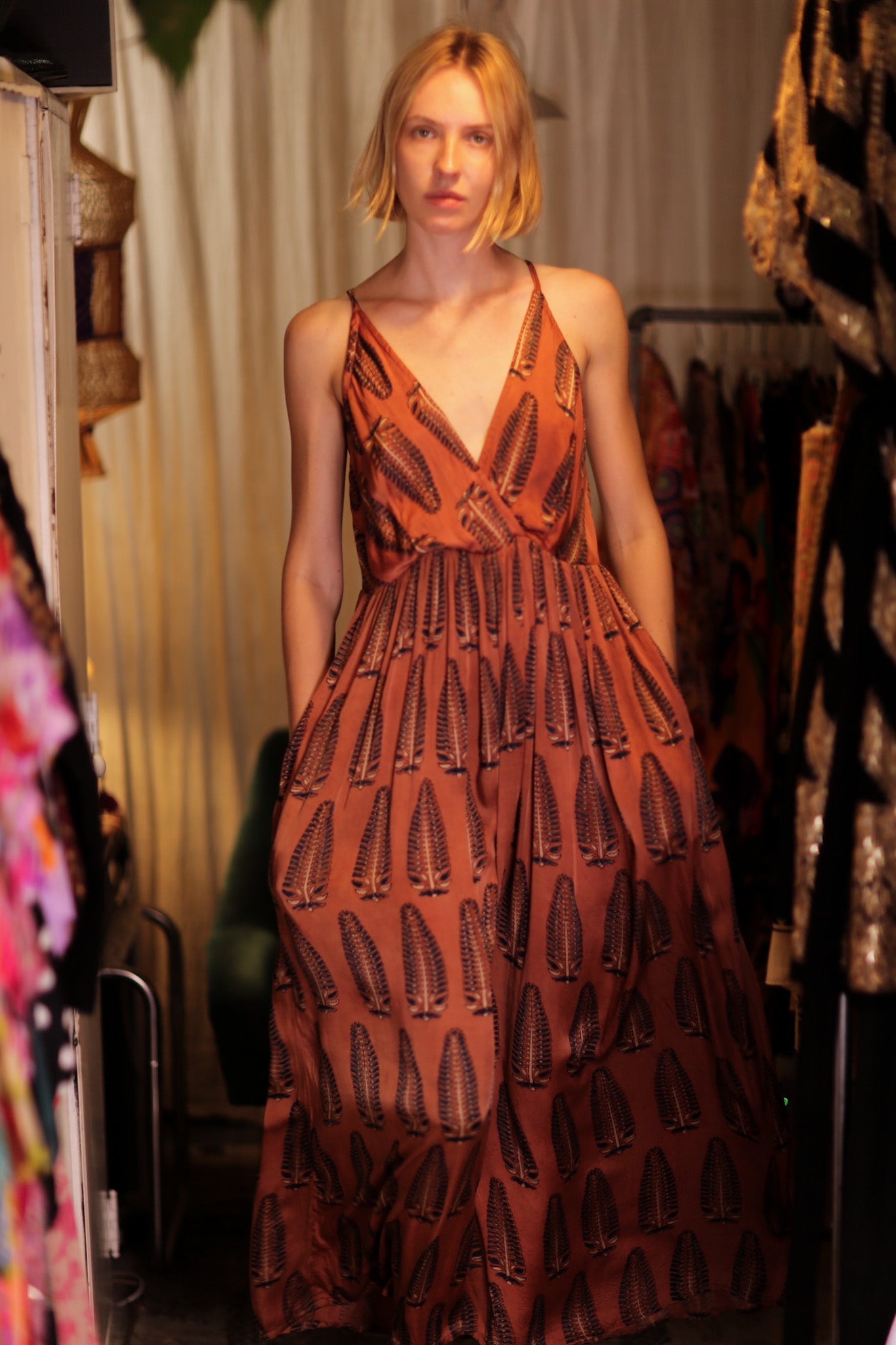 LILY SILK DRESS BROWN FEATHER - BANGKOK TAILOR CLOTHING STORE - HANDMADE CLOTHING