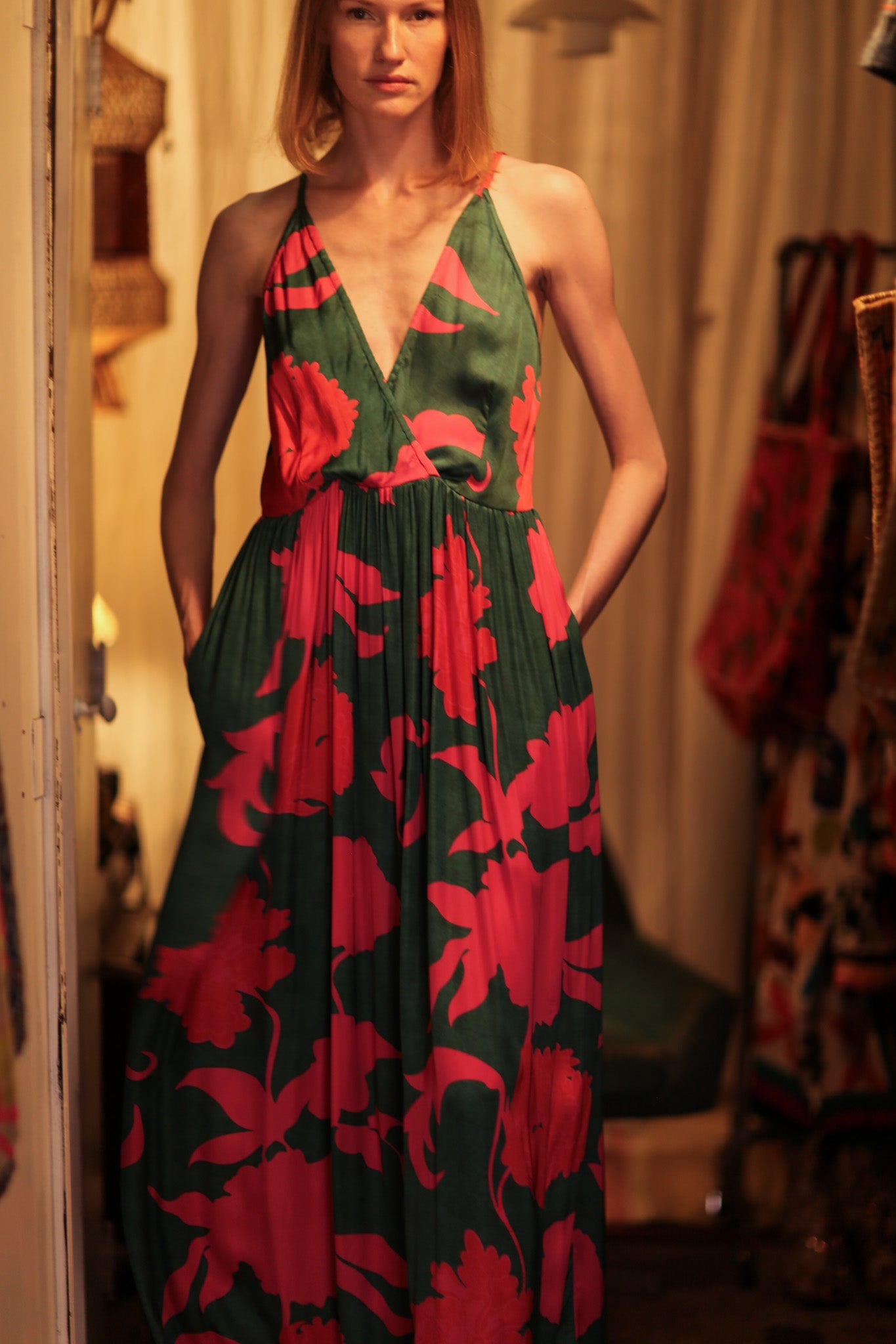 LILY SILK DRESS PINK VINES - BANGKOK TAILOR CLOTHING STORE - HANDMADE CLOTHING