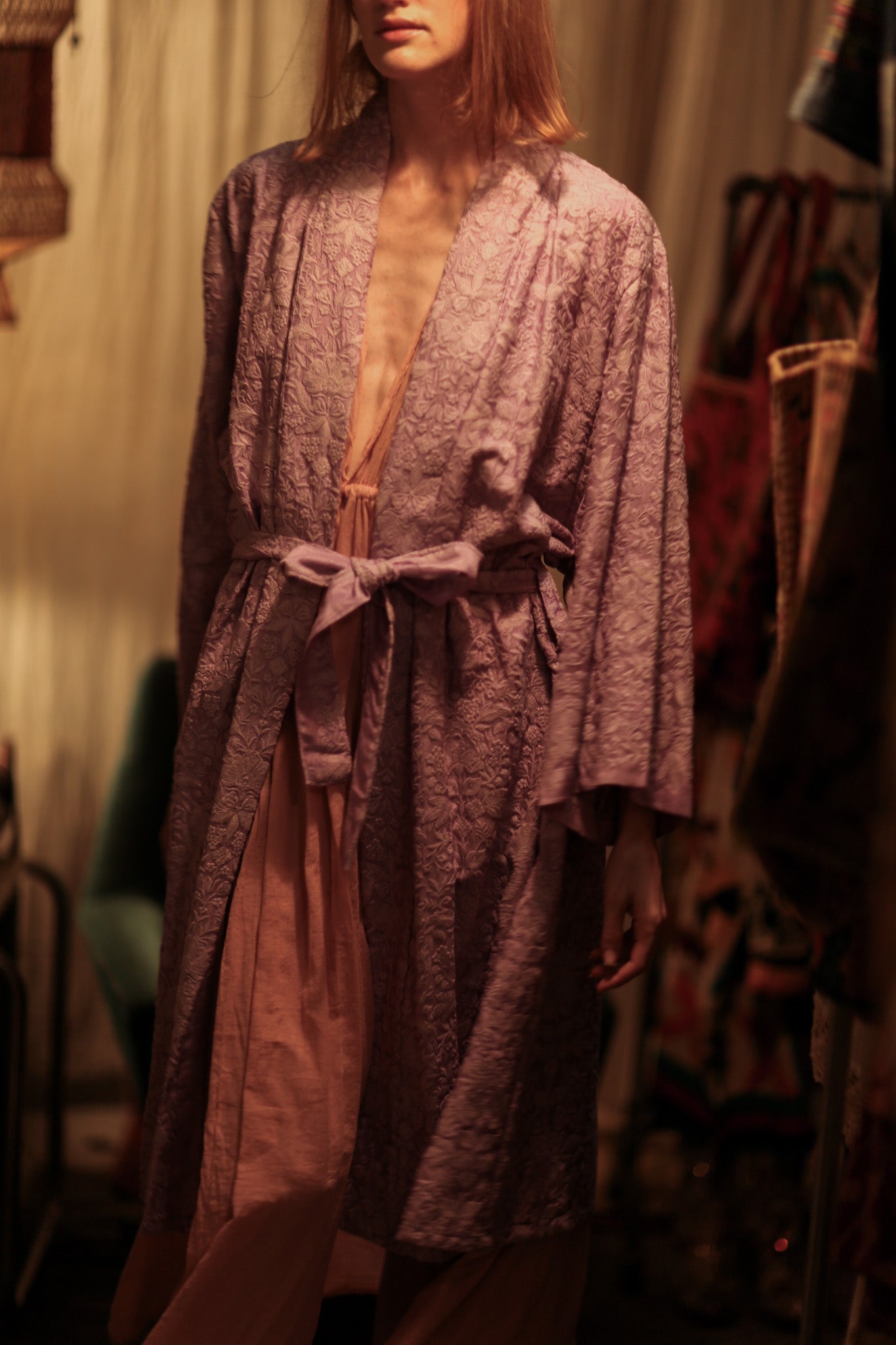 LITTLE FLOWERS EMBROIDERED KIMONO LILAC - BANGKOK TAILOR CLOTHING STORE - HANDMADE CLOTHING