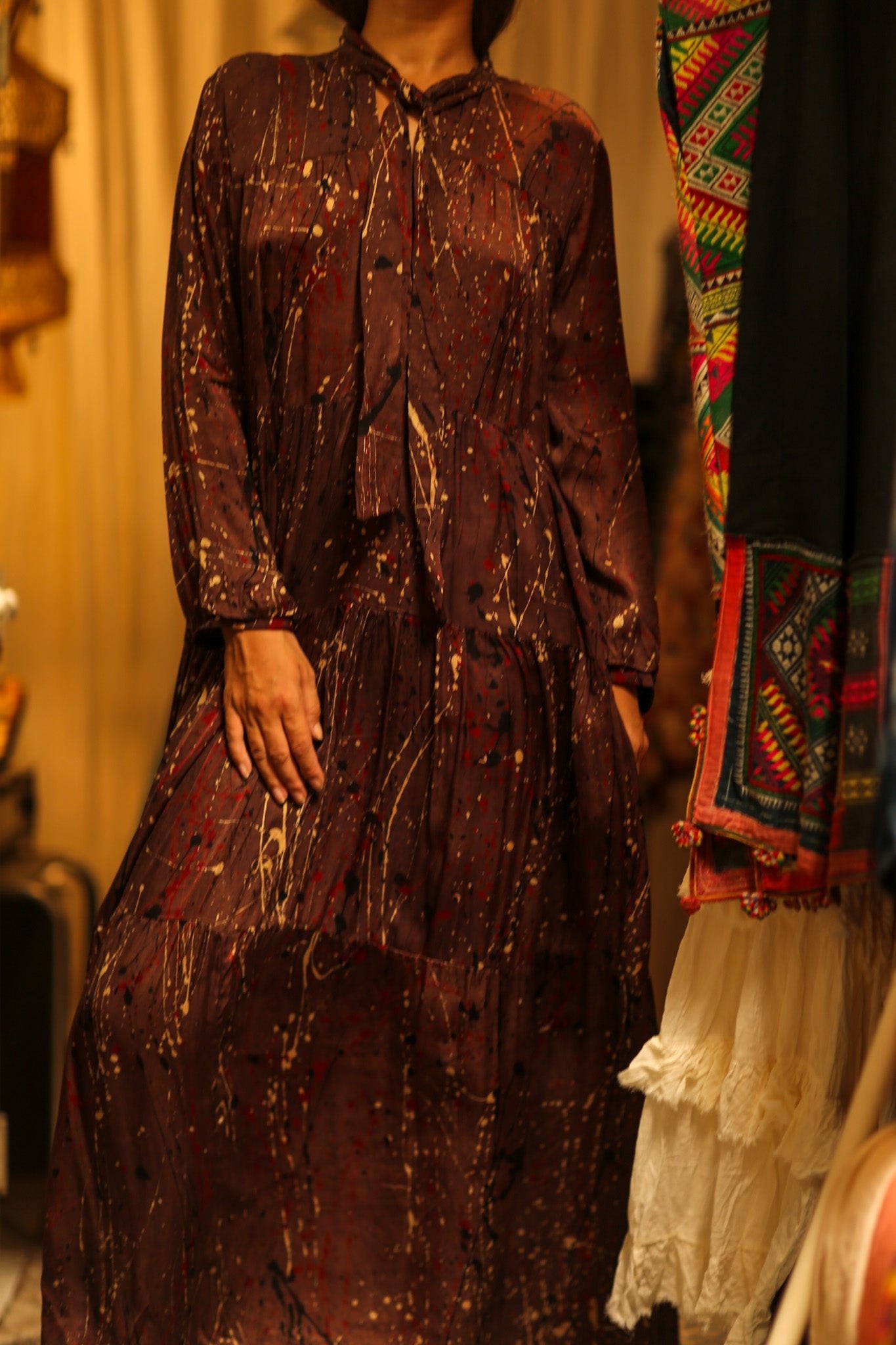 LOA SILK BUTTONED DRESS BURGUNDY POLLOCK - BANGKOK TAILOR CLOTHING STORE - HANDMADE CLOTHING