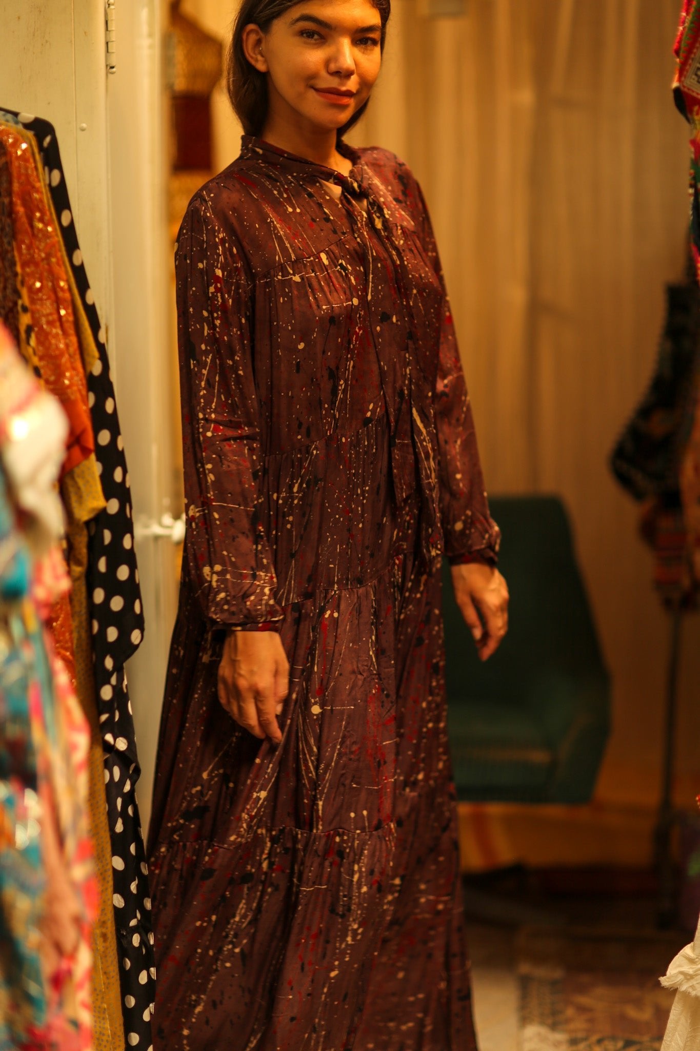 LOA SILK BUTTONED DRESS BURGUNDY POLLOCK - BANGKOK TAILOR CLOTHING STORE - HANDMADE CLOTHING