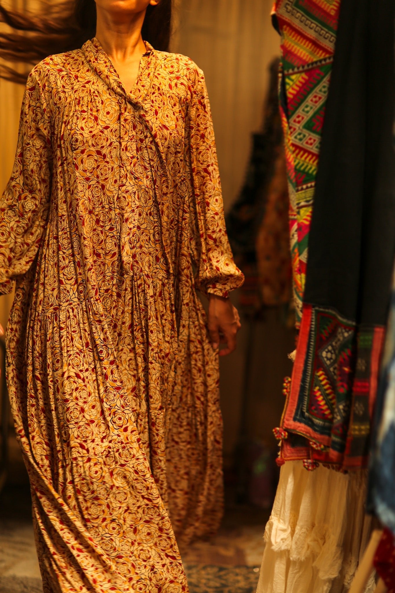 LOA SILK BUTTONED DRESS FLORAL RED - BANGKOK TAILOR CLOTHING STORE - HANDMADE CLOTHING