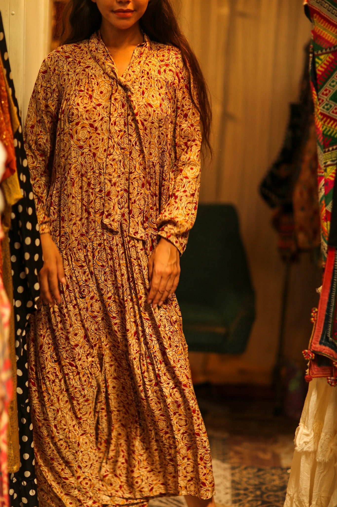 LOA SILK BUTTONED DRESS FLORAL RED - BANGKOK TAILOR CLOTHING STORE - HANDMADE CLOTHING