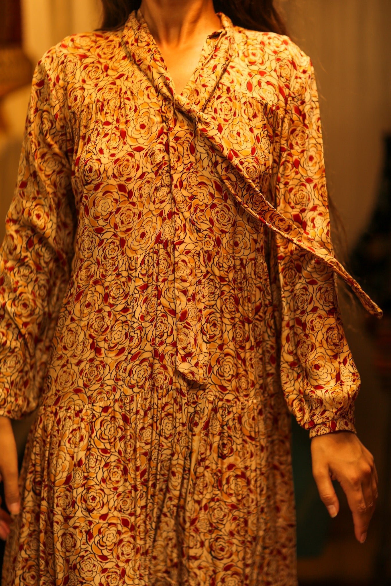 LOA SILK BUTTONED DRESS FLORAL RED - BANGKOK TAILOR CLOTHING STORE - HANDMADE CLOTHING