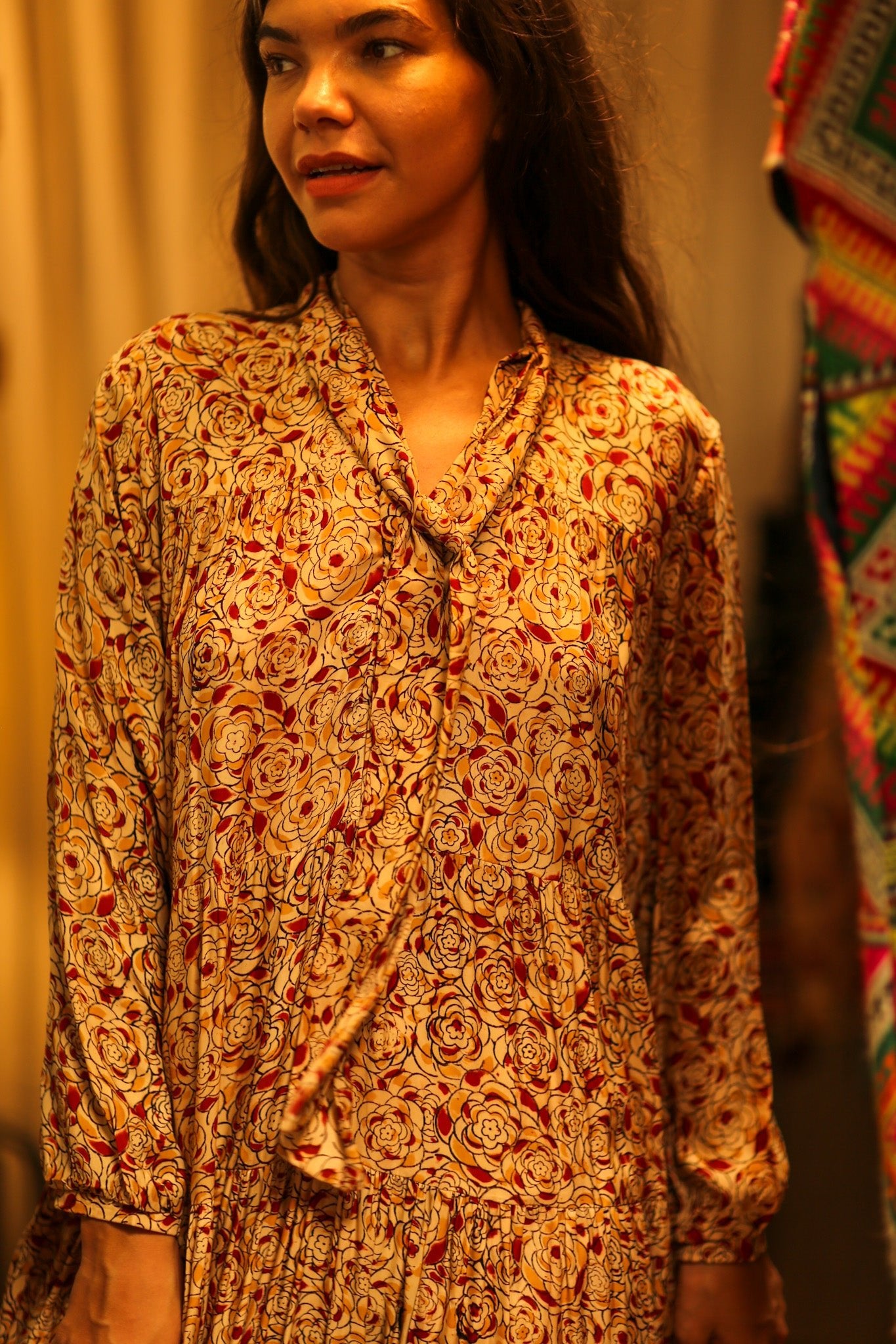 LOA SILK BUTTONED DRESS FLORAL RED - BANGKOK TAILOR CLOTHING STORE - HANDMADE CLOTHING