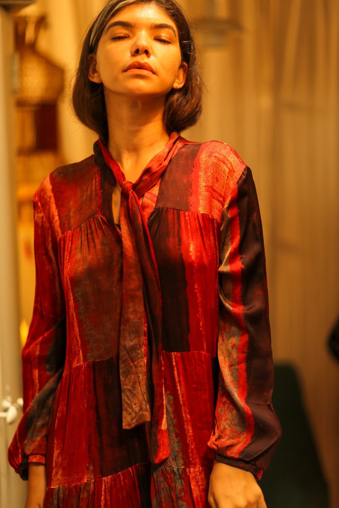 LOA SILK BUTTONED DRESS RED BLOCKS - BANGKOK TAILOR CLOTHING STORE - HANDMADE CLOTHING